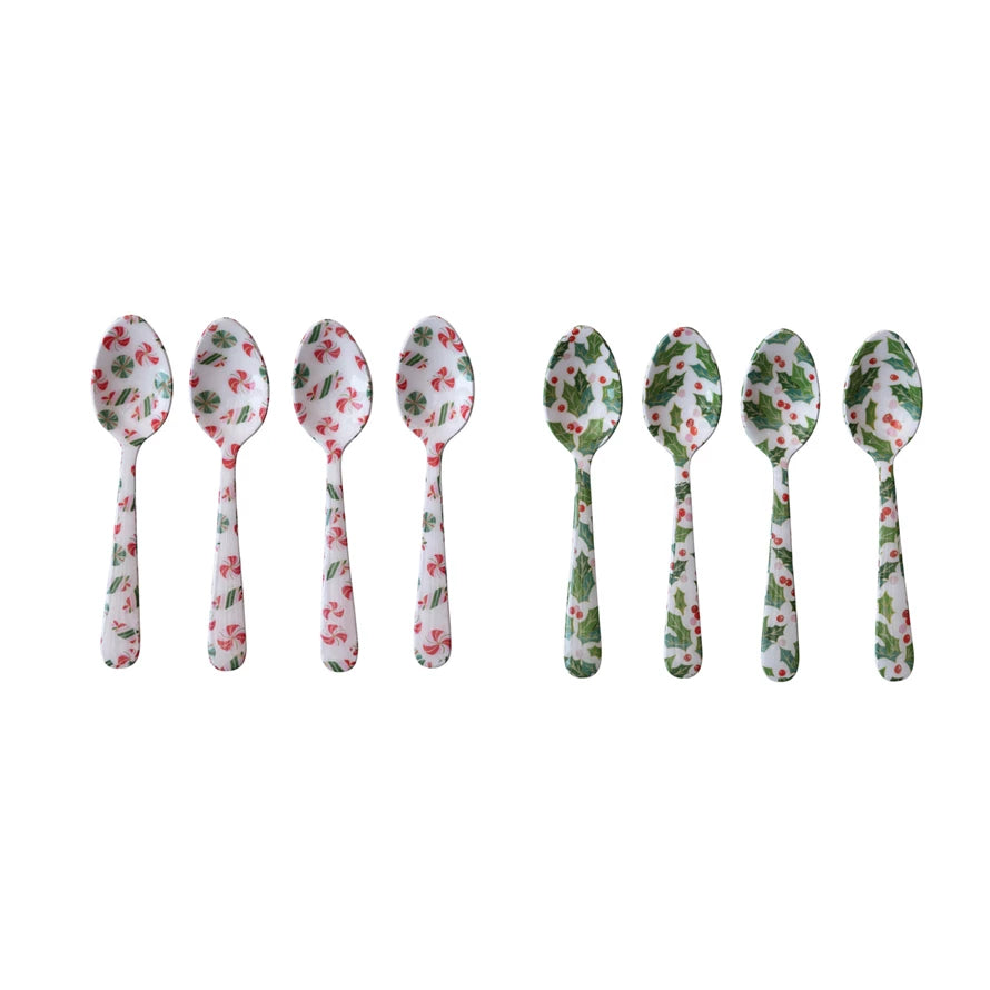 This beautiful enameled stainless steel canape spoon is here to provide a festive touch to your next party! With its candy or holly design, this little spoon will make your holiday desserts look extra yummy. So don't wait - treat yourself to this sweet spoon today!     Style  Candy  Holly     Materials  Stainless Steel     Dimensions  6"L