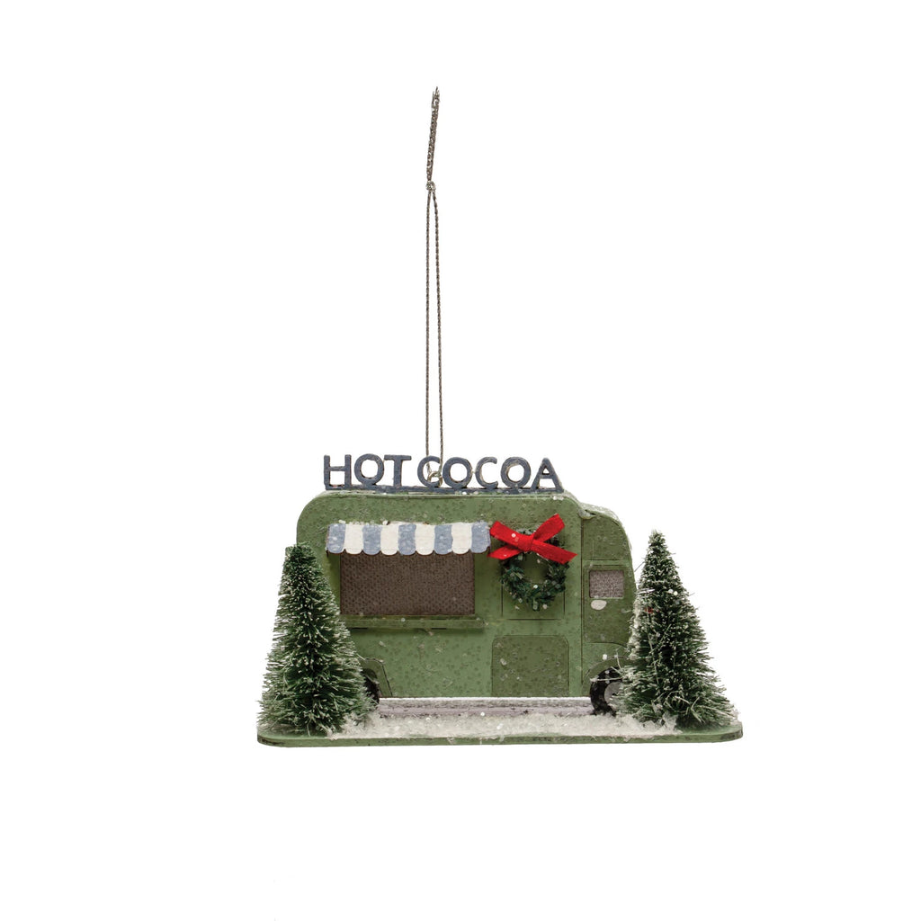 Featuring a cozy winter scene on a 3"H paper ornament, this Hot Cocoa Truck is bringing in the holidays! Delight in the LED light (batteries included) and its magical winter wonderland effect. Now this is a Christmas decoration that'll make you happy-hot cocoa and all!     Dimensions   3"H 