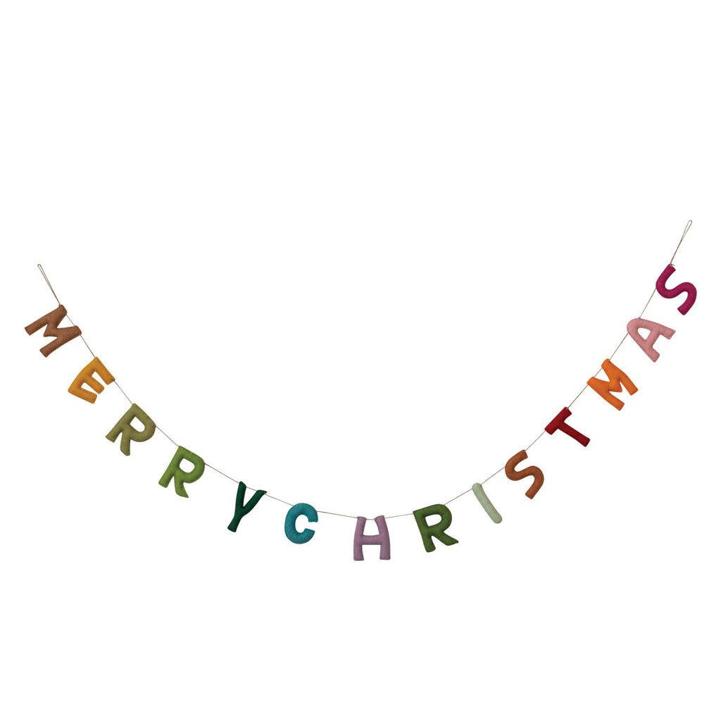 Welcome to the holidays with a bang! Our handmade wool felt garland "Merry Christmas" is ready to spruce up your decor. Hang it up and spread holiday cheer in your home - no ladders or grumpy elves required!     Color  Multi Color  Size  72"L 