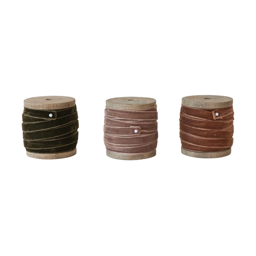 Velvet Ribbon on Wood Spool - 3 Colors Available