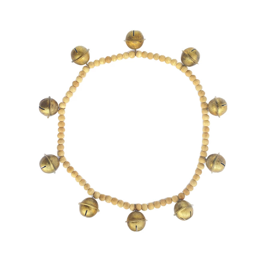 Wood Bead & Metal Bell Garland - Natural & Antique Gold Finish