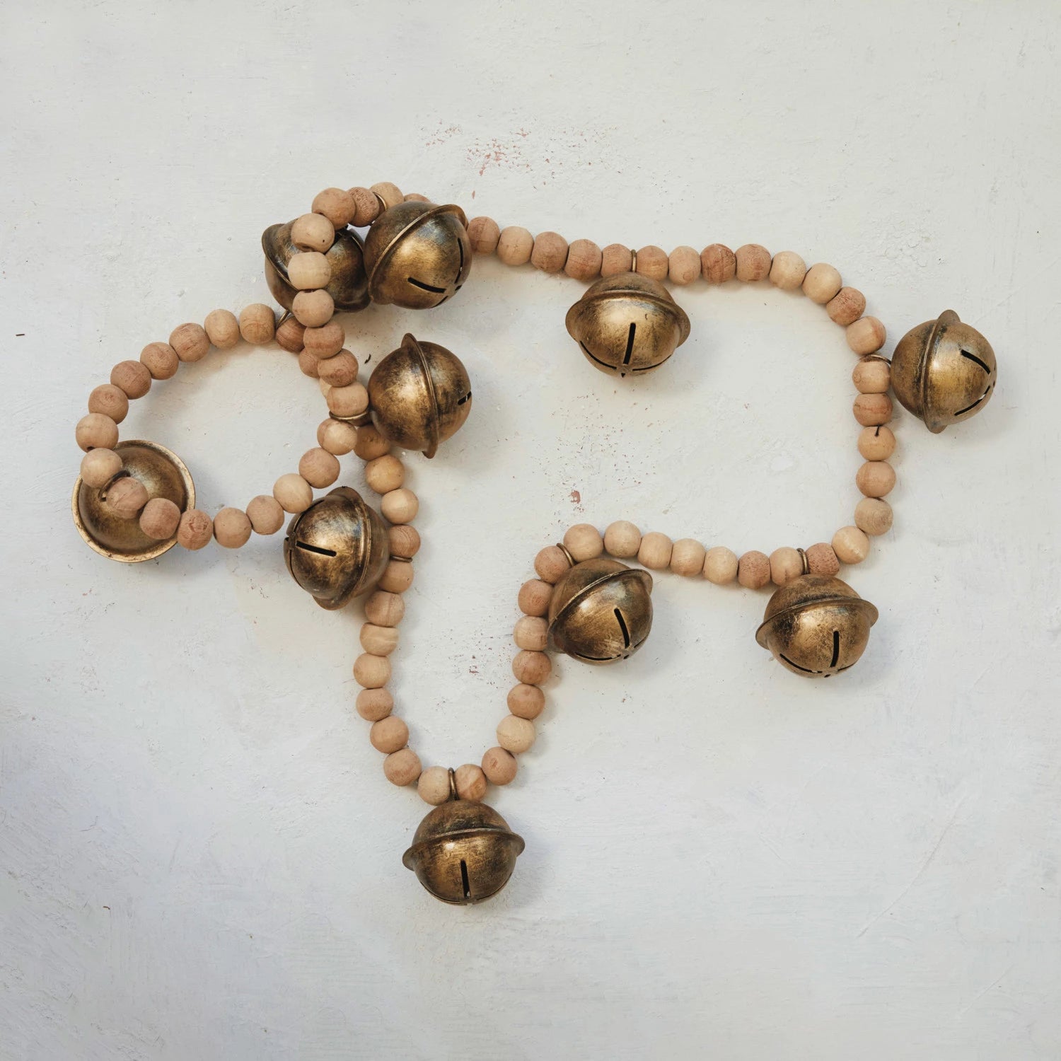 Wood Bead & Metal Bell Garland - Natural & Antique Gold Finish
