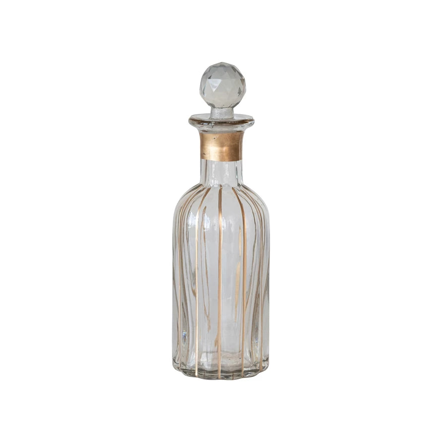 Blown Glass Fluted Decanter w/ Hand-Painted Gold Finish Stripes & Stopper