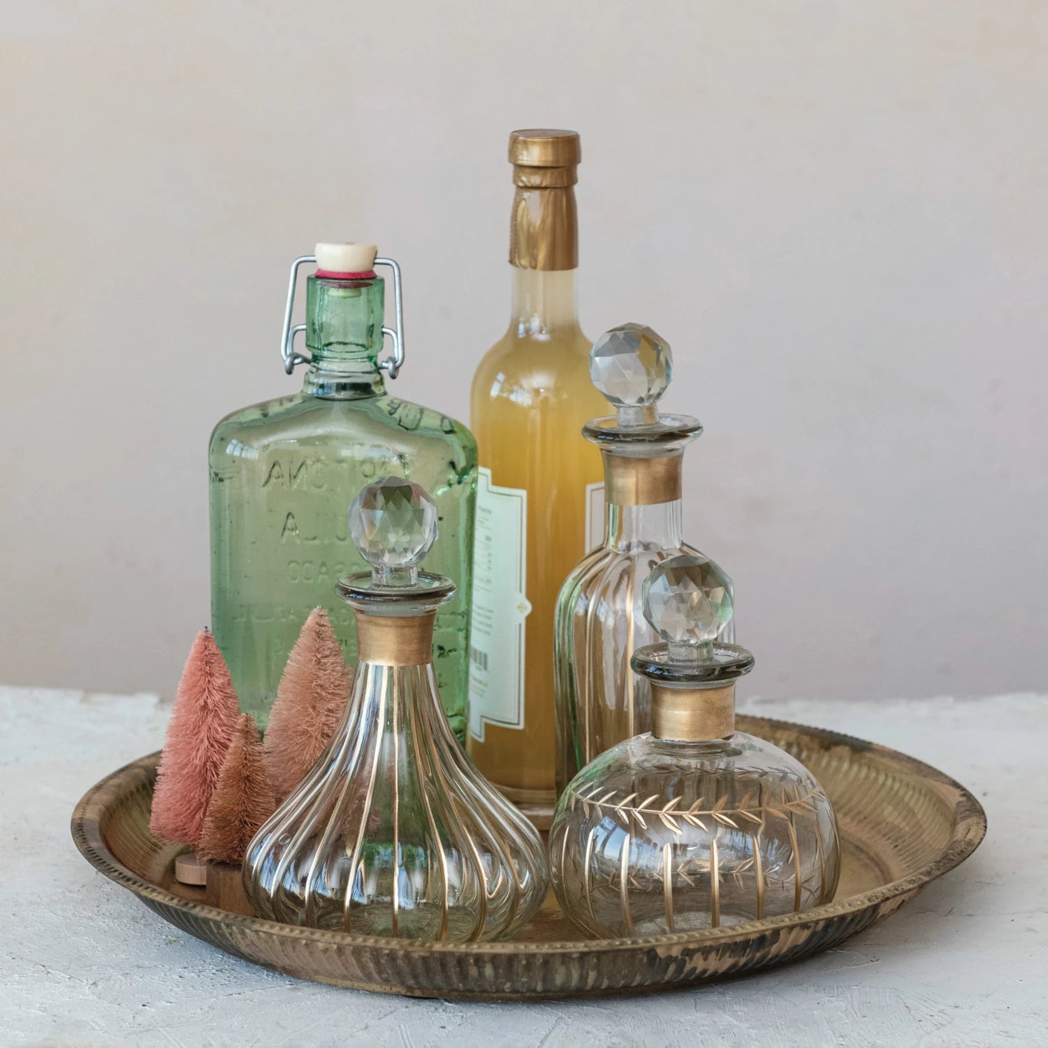 Blown Glass Fluted Decanter w/ Hand-Painted Gold Finish Stripes & Stopper