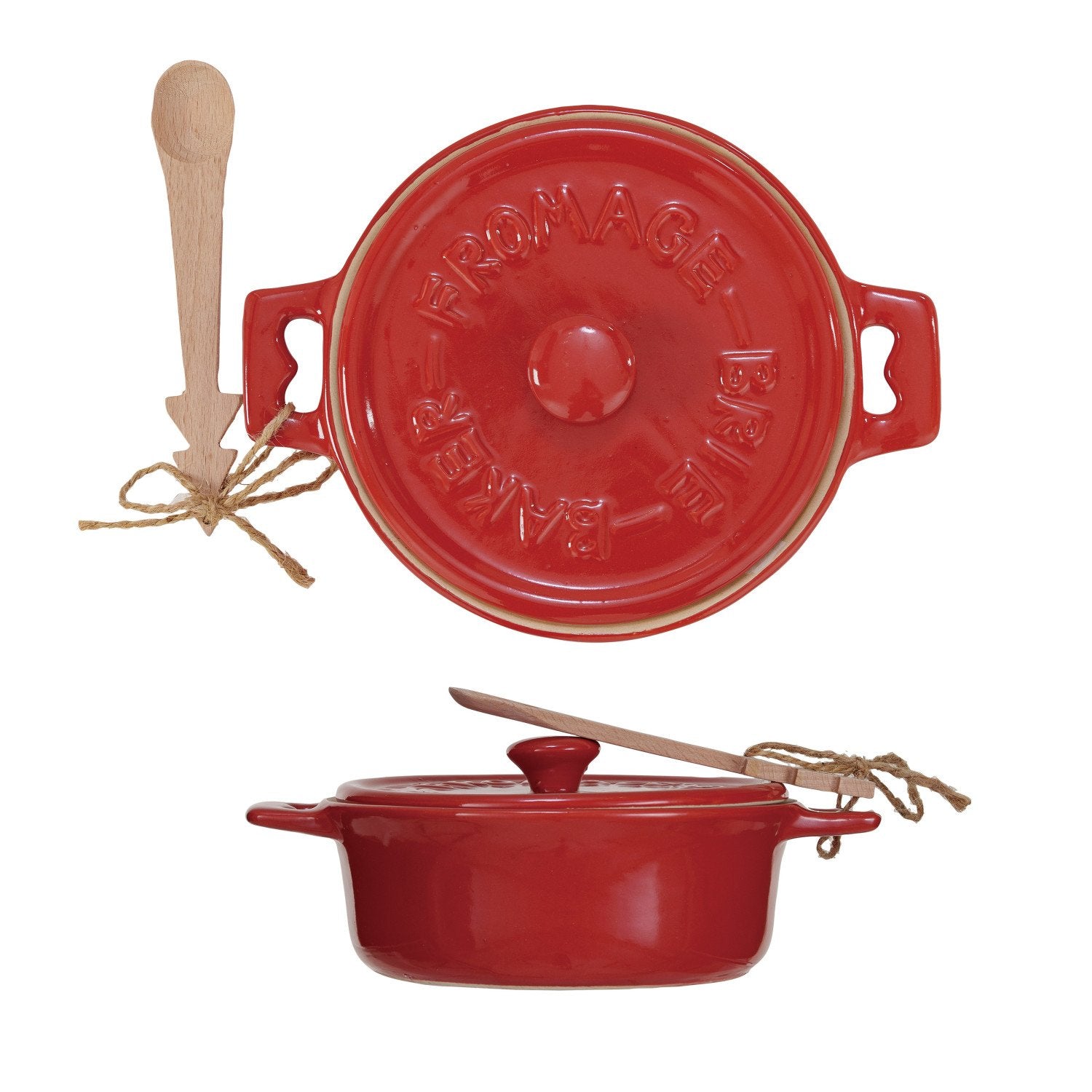 Stoneware Brie Baker w/ Wood Tree Shaped Spoon, Red, Set of 2 (Each One Will Vary)