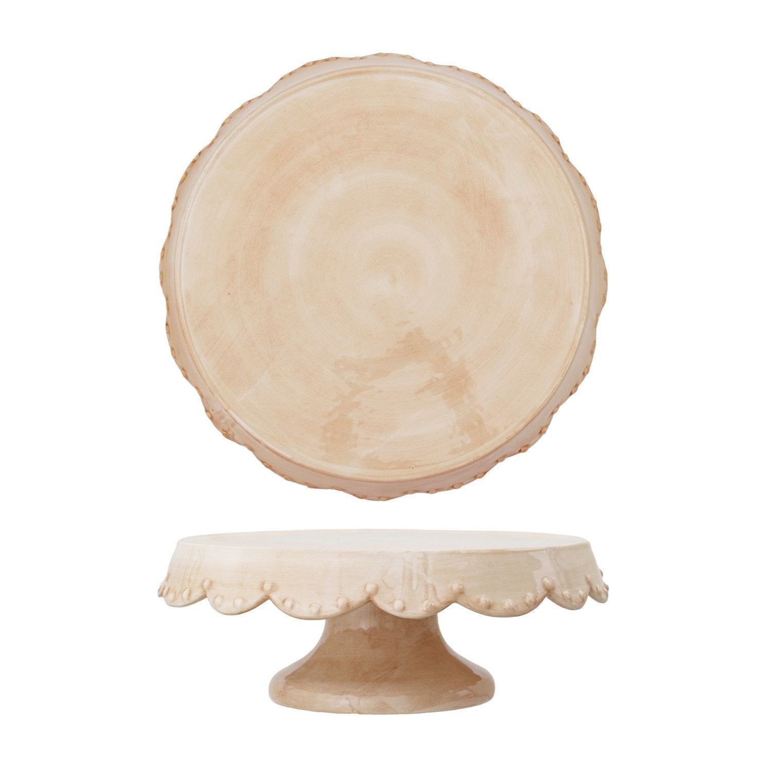 Hand-Painted Stoneware Pedestal w/ Scalloped Edge & Embossed Dots, Nude Color