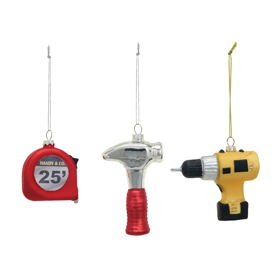 Glass Construction Tools Ornament w/ Glitter