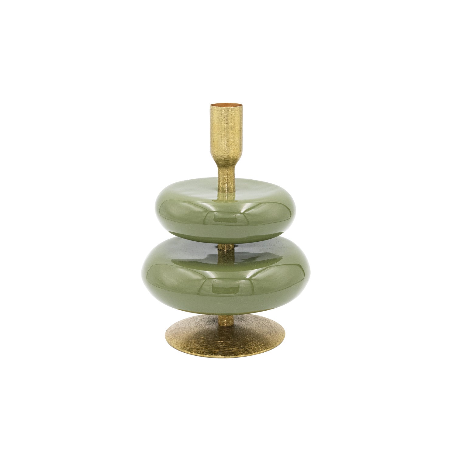 Decorative Taper Holder with green and gold design on a white background