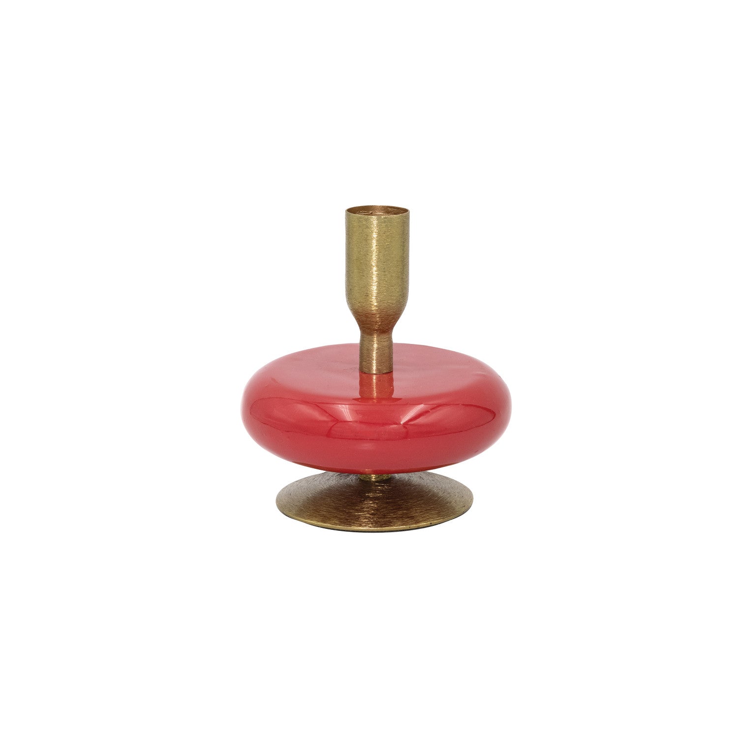 Decorative Taper Holder with red base and gold top on a white background