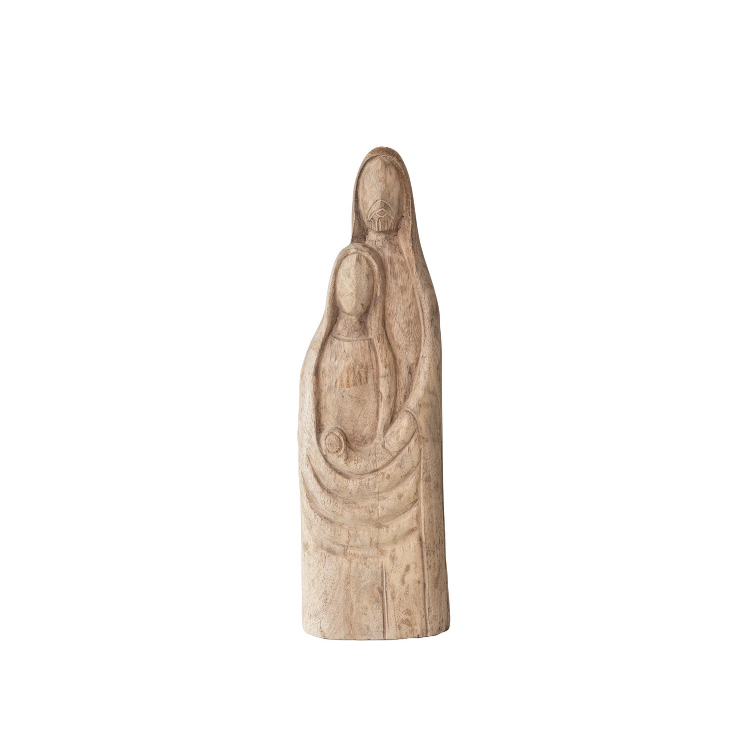Wooden statue of a figure on a white background