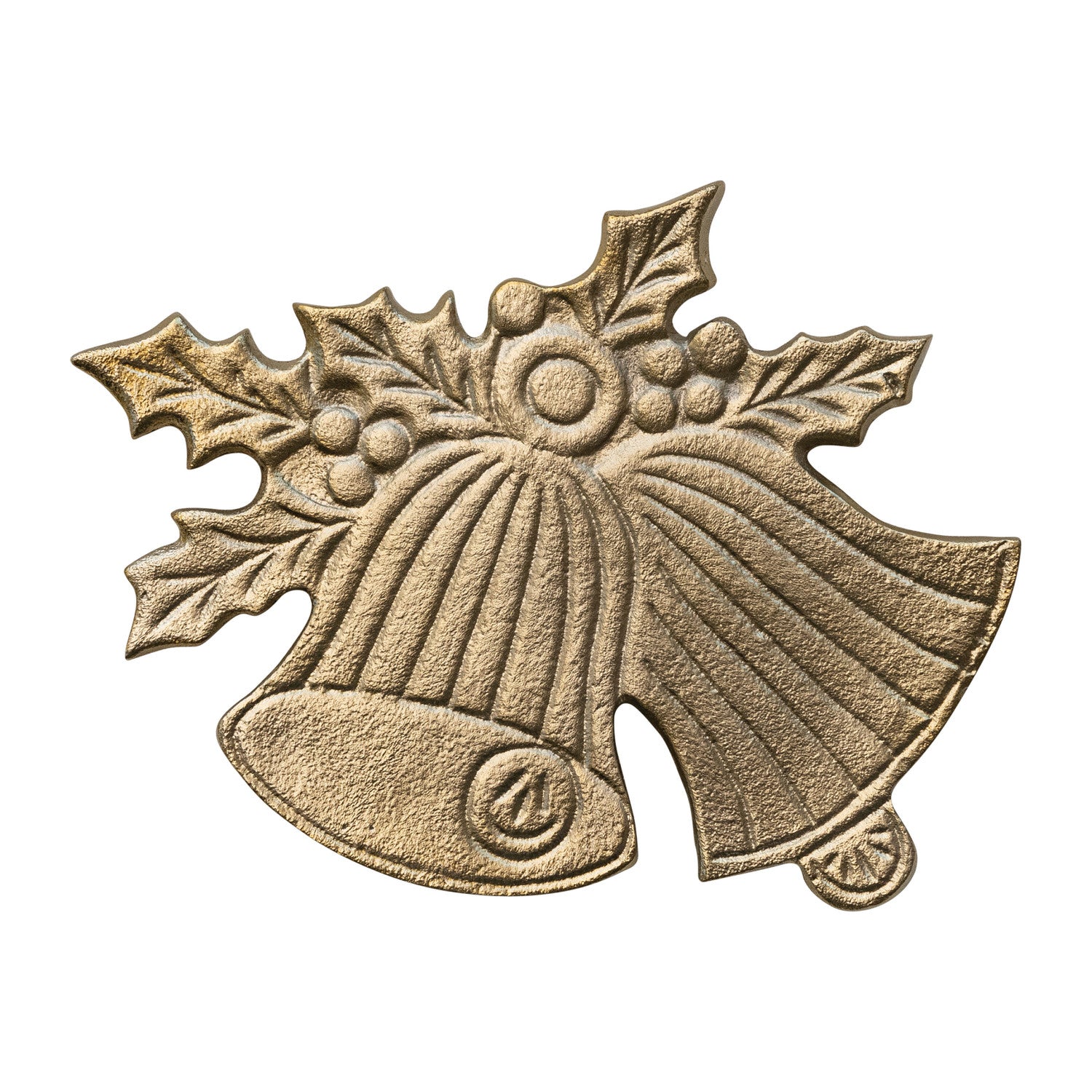 Decorative brass bell with holly leaves and berries on a white background