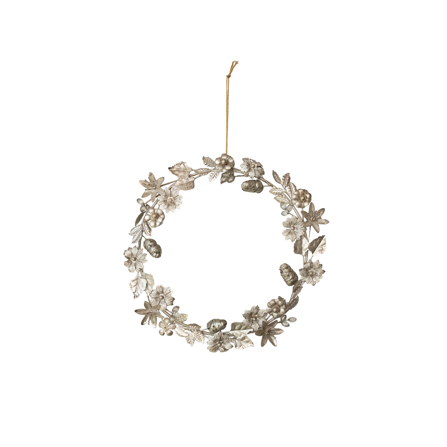 Decorative floral wreath with a gold hook on a white background