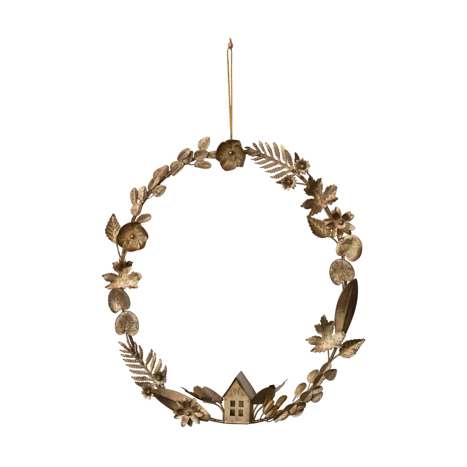 Decorative wreath with house and floral elements on a white background
