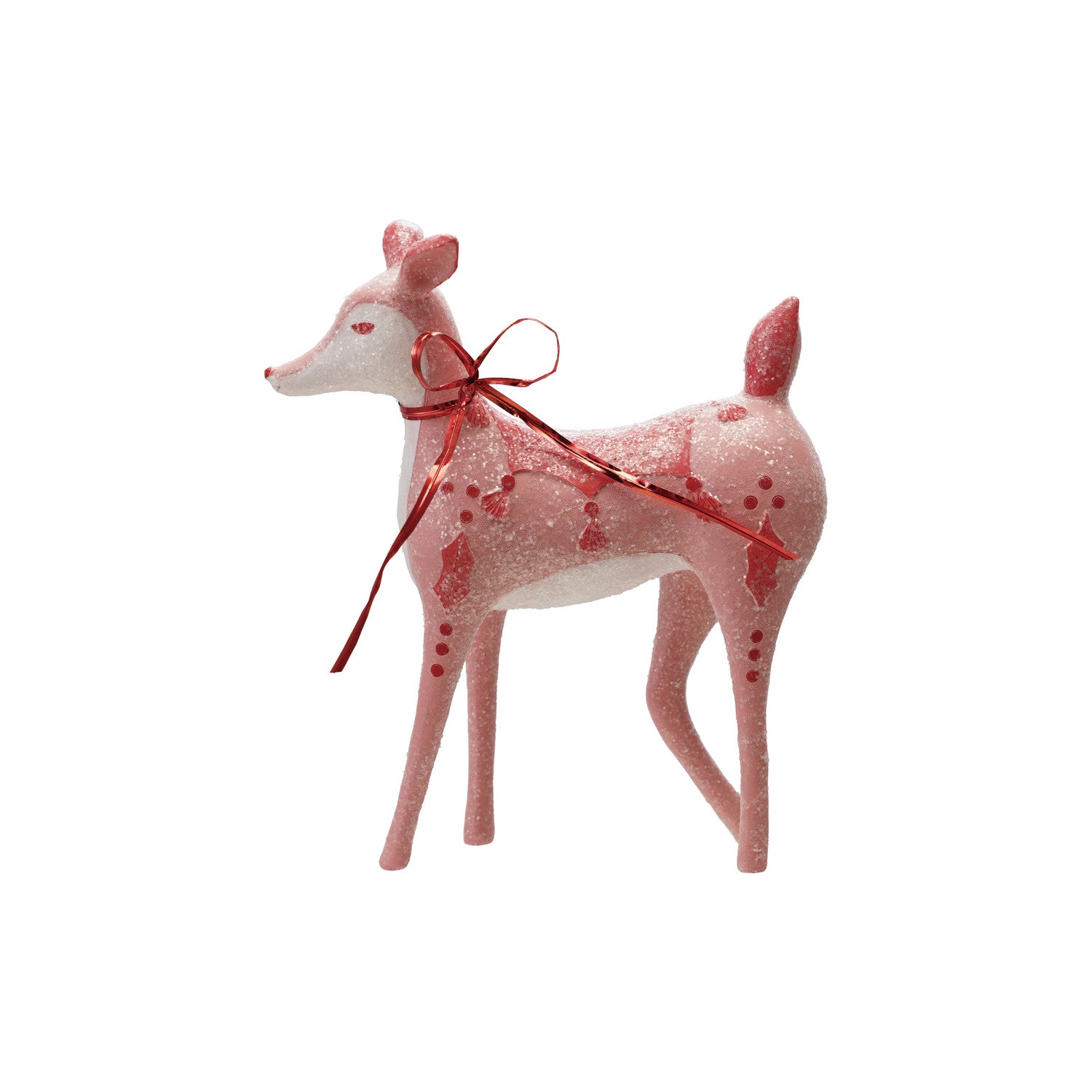 Pink deer figurine with a red ribbon on a white background