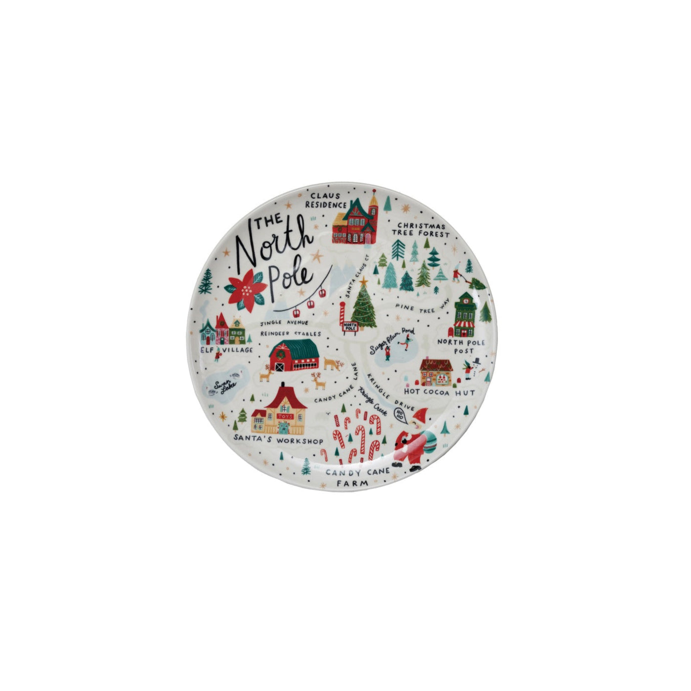 Round plate with Christmas-themed design featuring the North Pole and Santa's workshop on a white background.