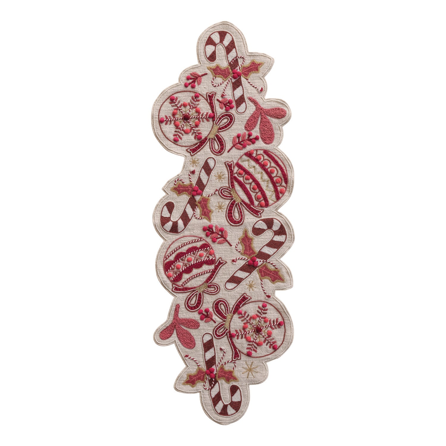 Hand-Embroidered Candy Cane Slub Table Runner