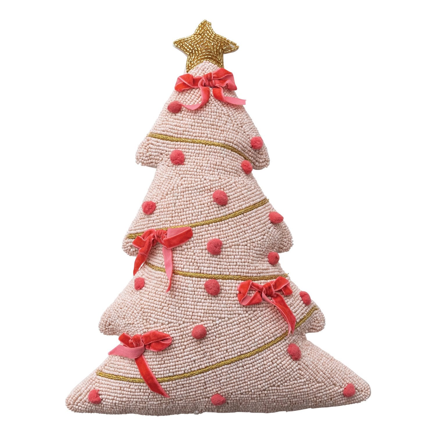 Decorative beaded Christmas tree pillow with red bows and a gold star on a white background