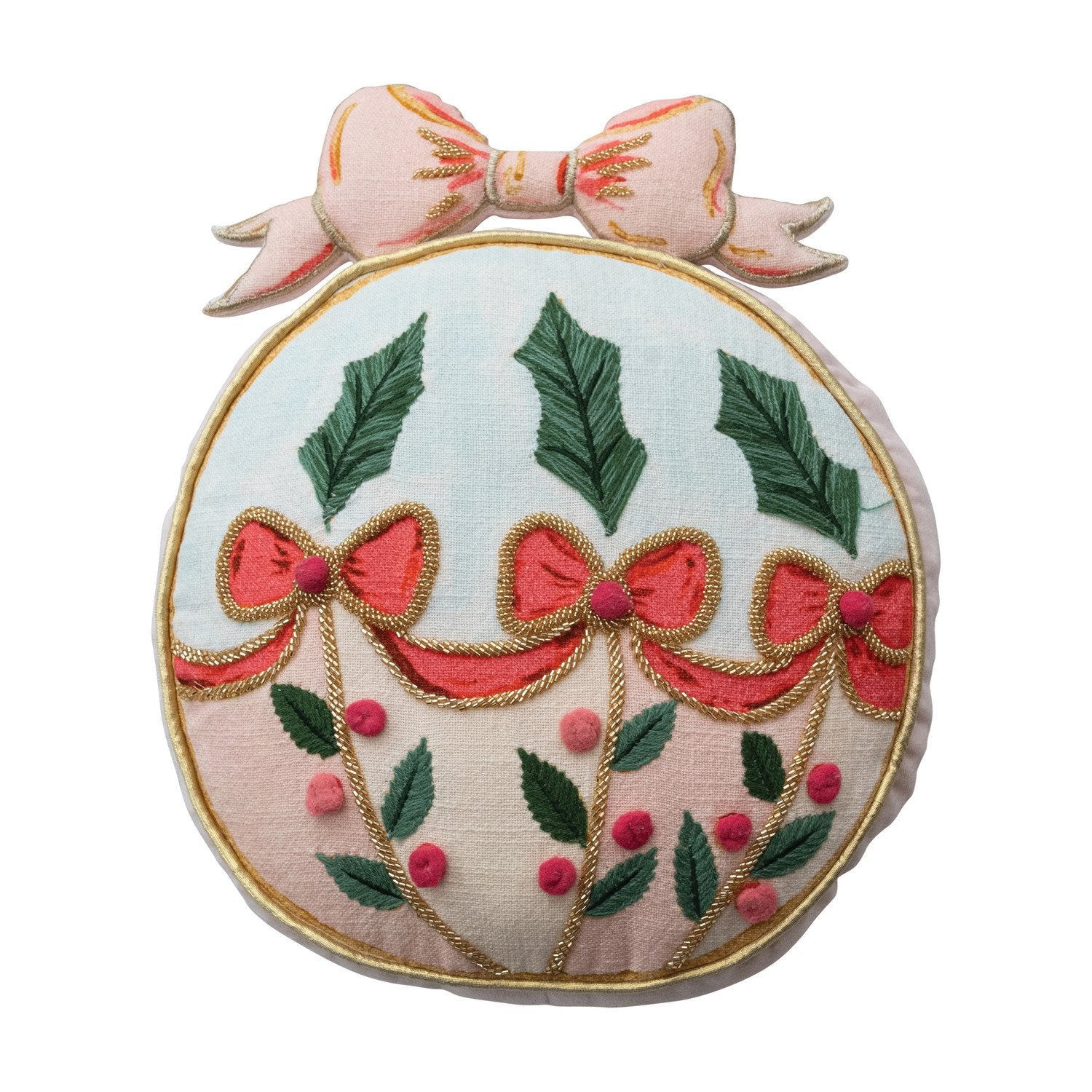 Decorative pillow with embroidered bows and leaves on a white background
