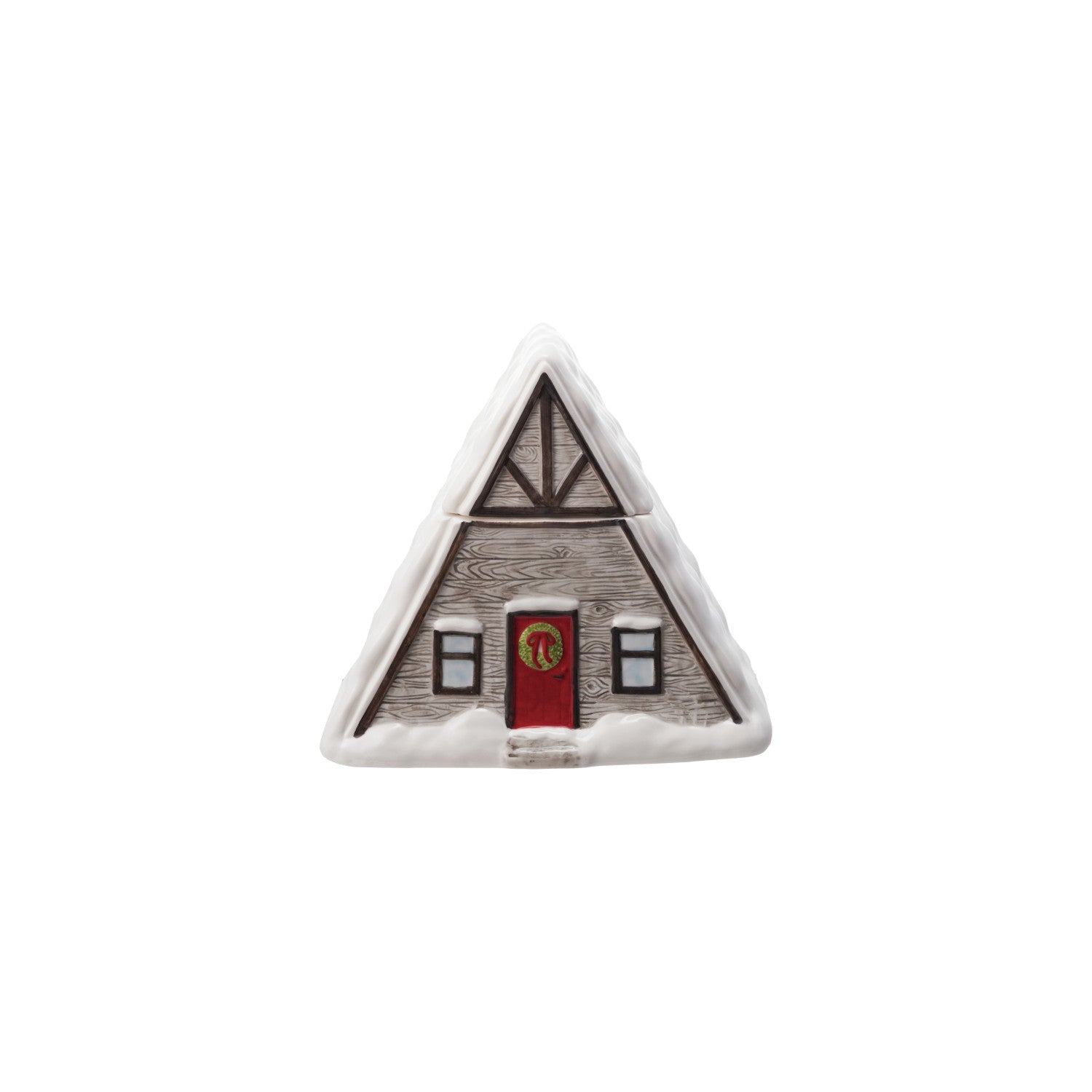 A- frame house-shaped container with a red door on a white background