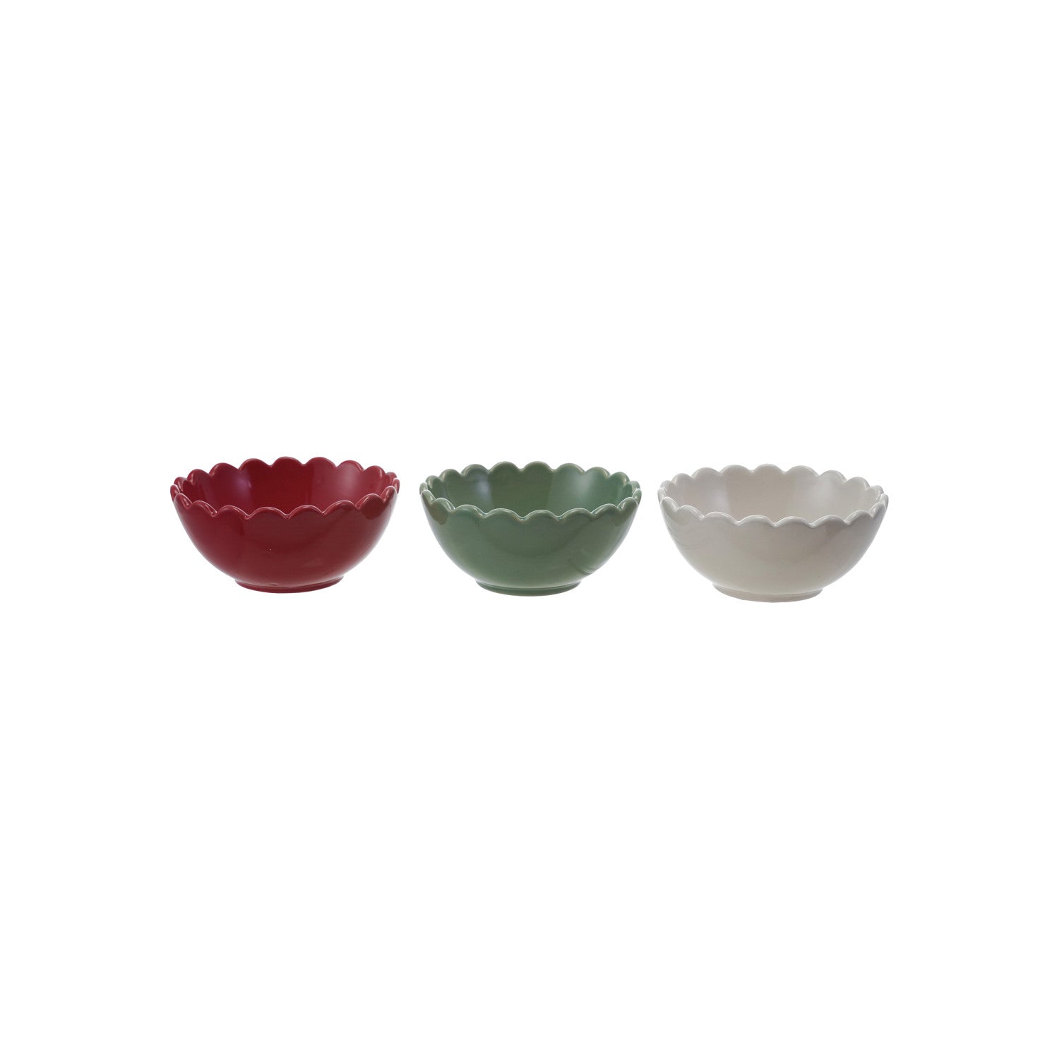 Three small ceramic bowls in red, green, and white on a white background