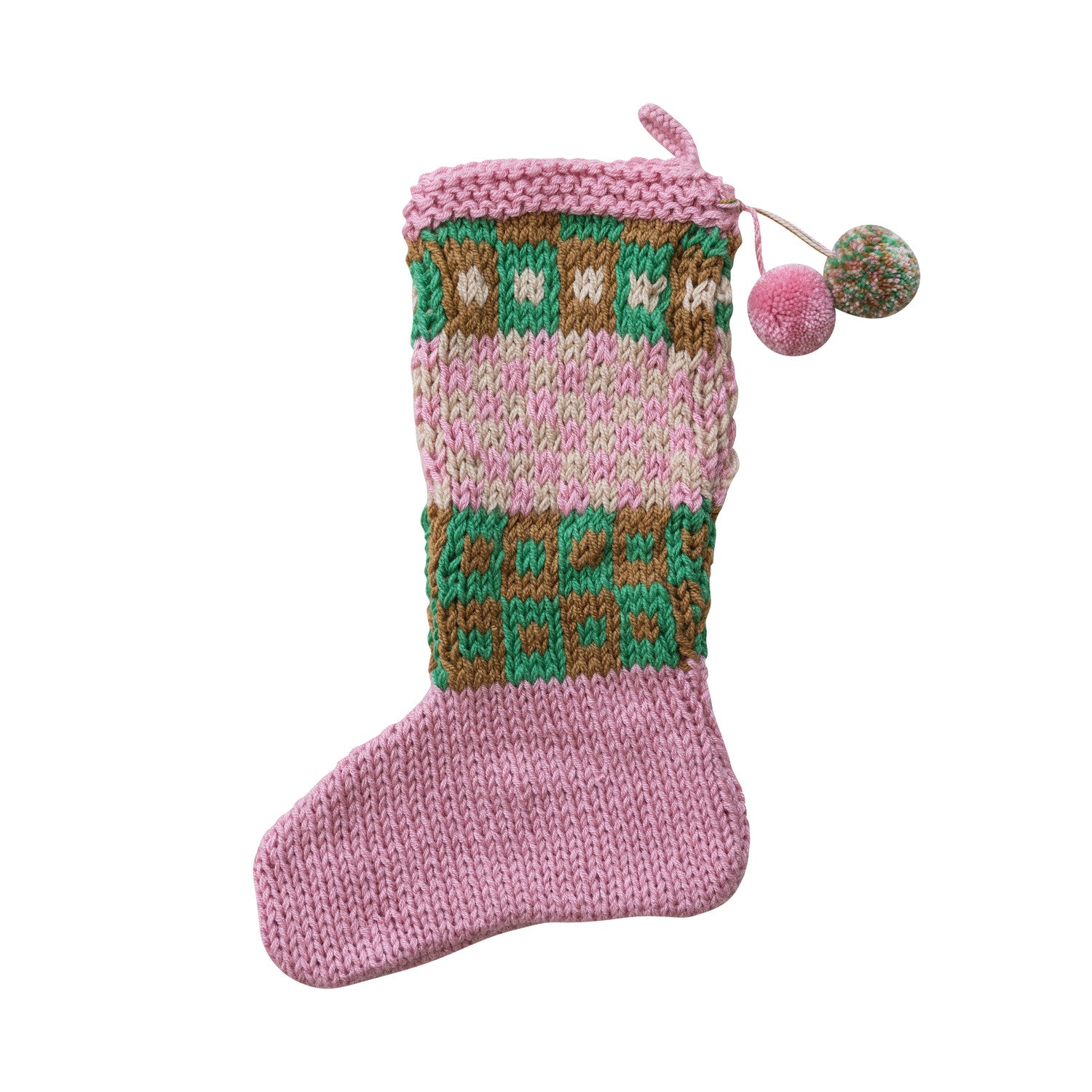 Acrylic Crocheted Stocking with Pattern & Pom Poms, Multi Color