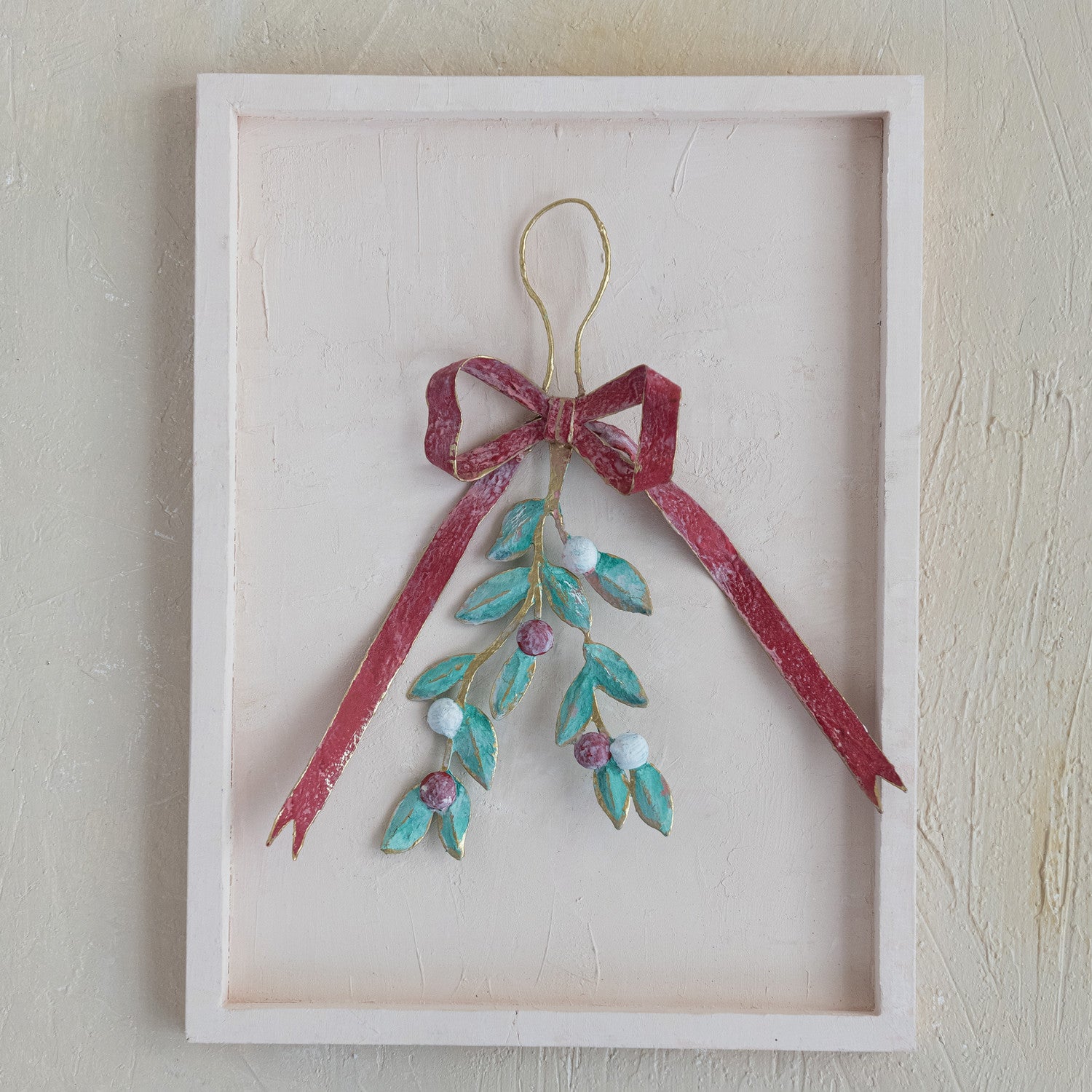 Hanging Metal Bow & Mistletoe Wall Décor - Distressed Finish
