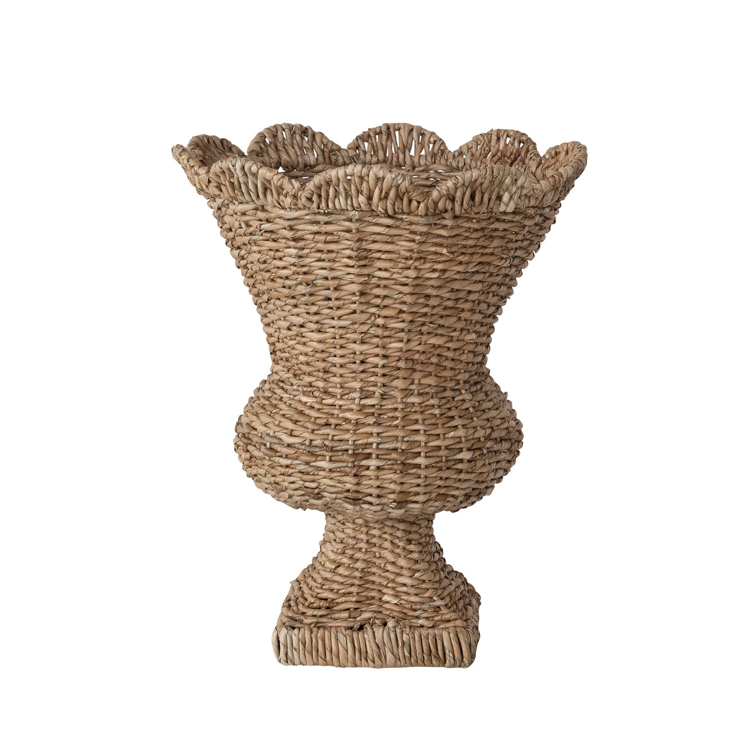 Hand-Woven Rattan Scalloped Urn. Bring a touch of organic warmth and artisanal charm into your home with this beautiful Hand-Woven Rattan Scalloped Urn. Masterfully crafted from natural rattan, its detailed woven texture and elegant scalloped rim create a gentle, inviting silhouette that feels both timeless and modern. Perfect for displaying dried botanicals or standing beautifully on its own, this decorative storage piece adds a soft, rustic elegance to any space, making your home feel even more cozy and w