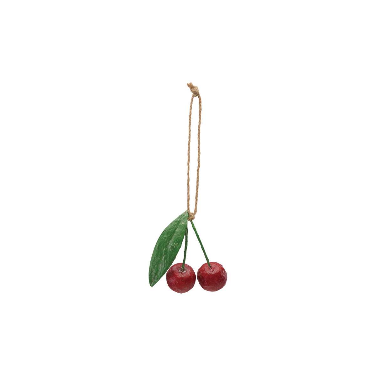 Paper Mache Cherries Ornament - Small. Bring handcrafted festive charm to your tree with our Paper Mache Cherries Ornament. Featuring vibrant red cherries and green leaves, this sweet small accent adds a warm, nostalgic touch to your holiday home.