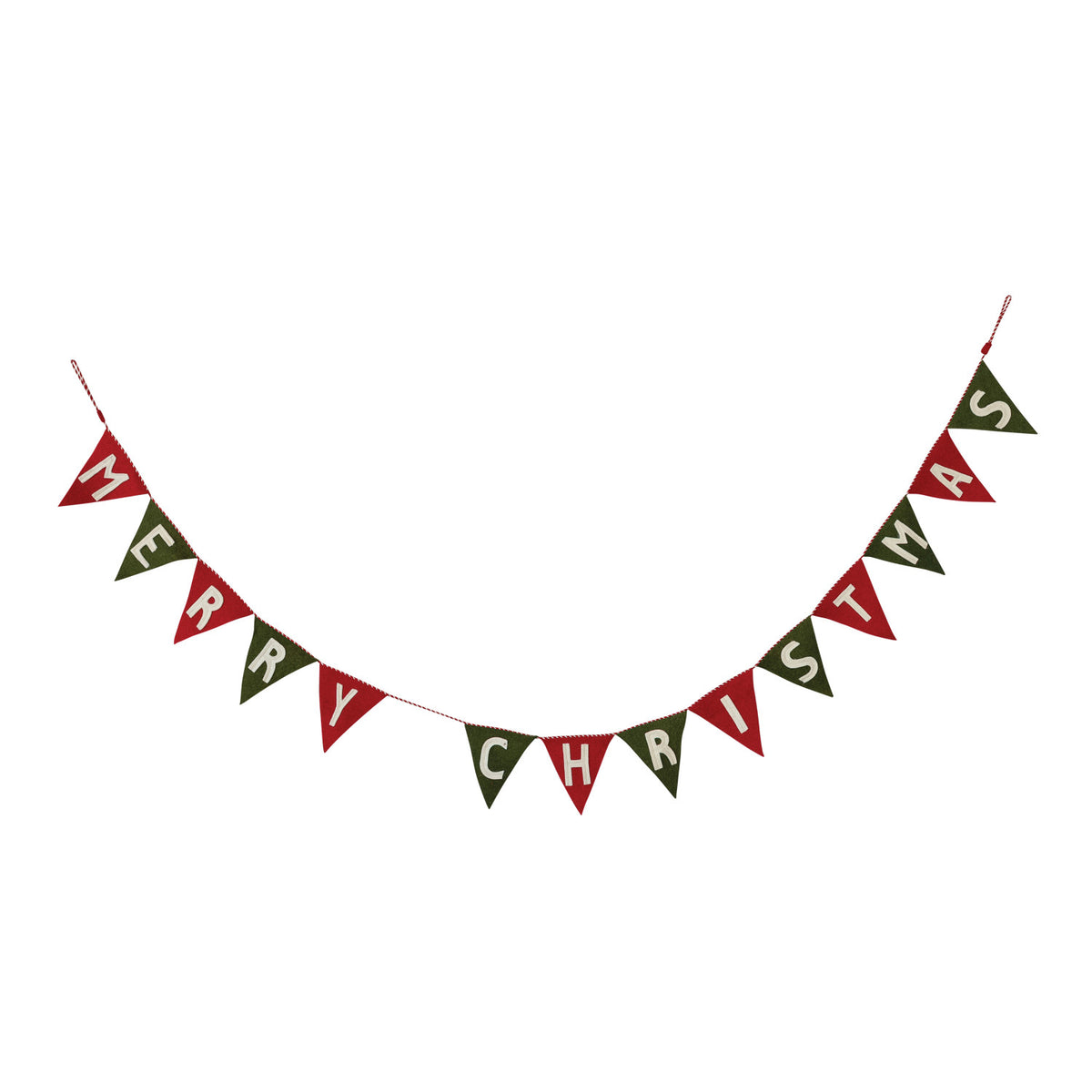 Handmade Wool Felt Pennant "Merry Christmas" Banner. Bring festive cheer and cozy charm to your home this holiday season with our handmade wool felt "Merry Christmas" pennant banner. Strung on a playful striped cord, this heartwarming decoration adds a touch of handmade warmth and timeless nostalgia to any wall, mantel, or entryway.