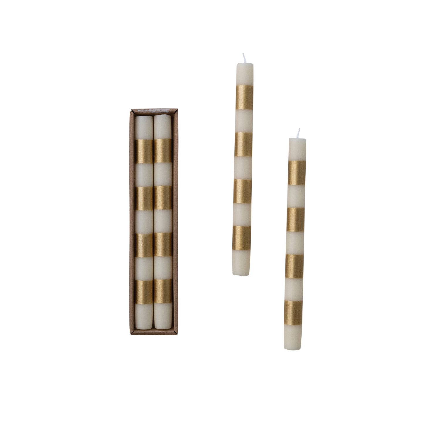 Unscented Taper Candles with Stripes in Box, Cream & Gold Color
