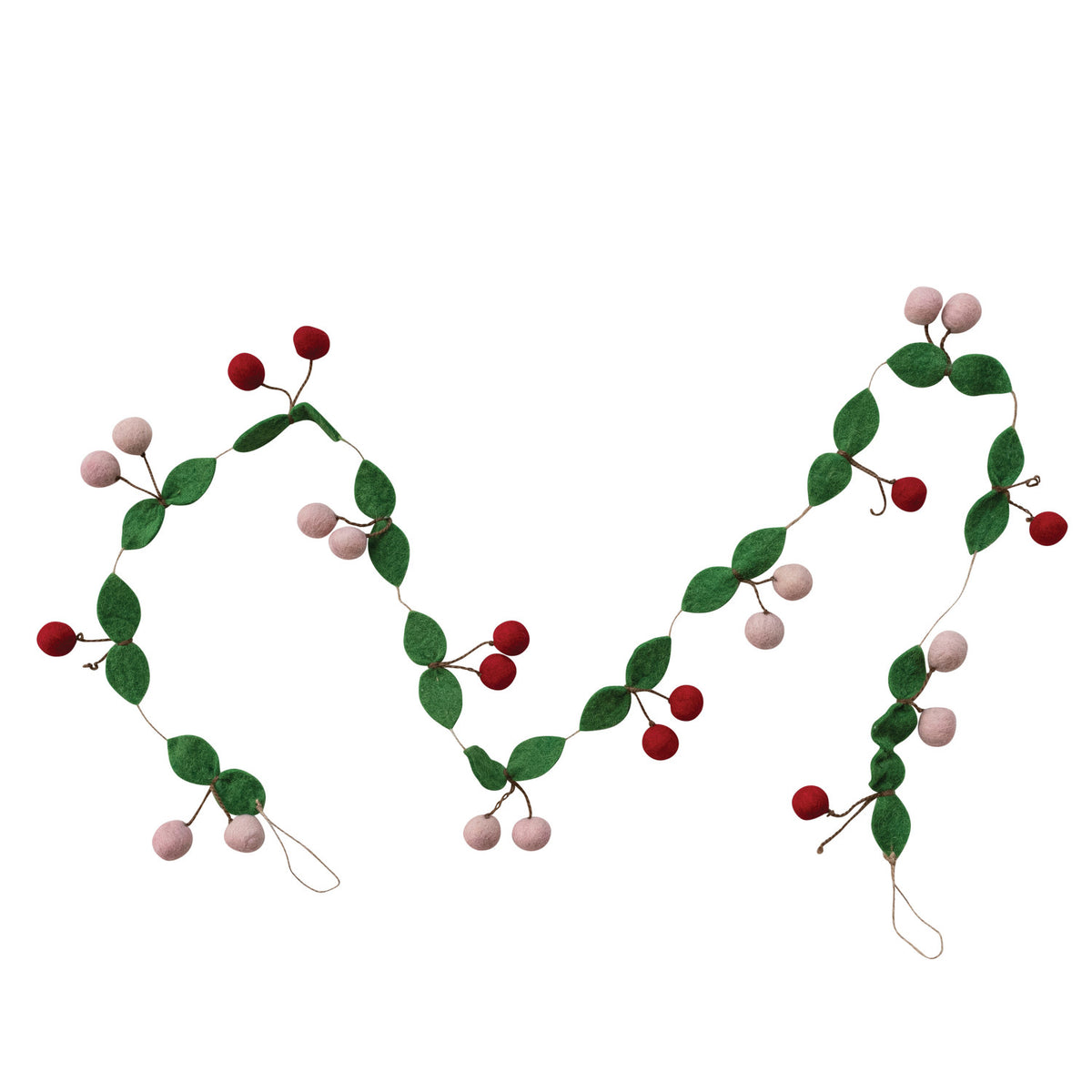 Felt Cherries Garland. Bring playful charm and cozy handcrafted detail to your space with this delightful handmade wool felt cherry garland. Featuring soft wool felt cherries strung on a natural jute cord, it offers a warm, whimsical touch that brightens up any mantel, doorway, or holiday display.