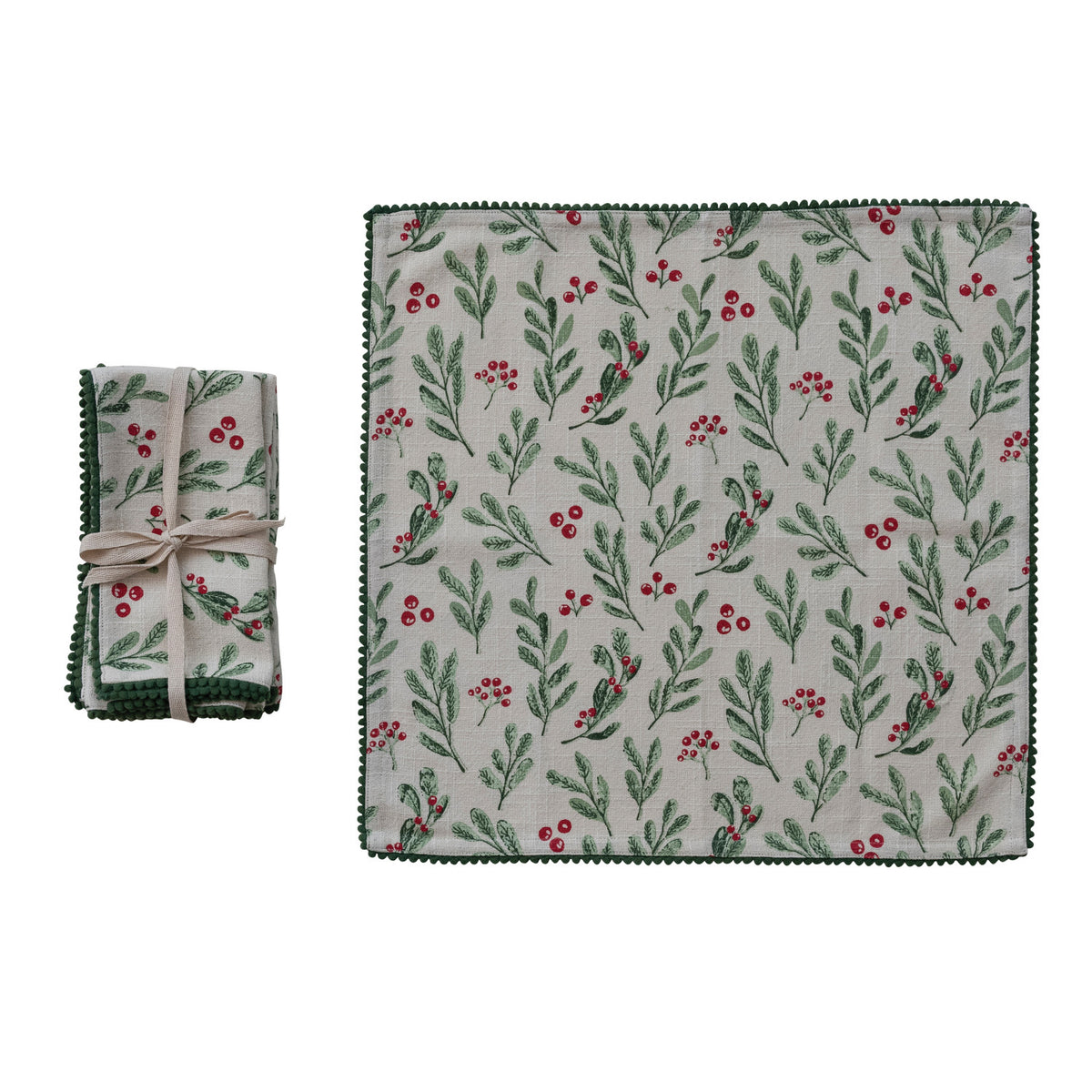 Winter Greens & Berries Napkins - Set of 4. Bring warmth and holiday cheer to your table gatherings with our Winter Greens & Berries Napkins. Softly crafted from printed cotton slub and finished with playful mini pom-pom trim, this charming set of four adds an inviting, festive touch to every shared meal.