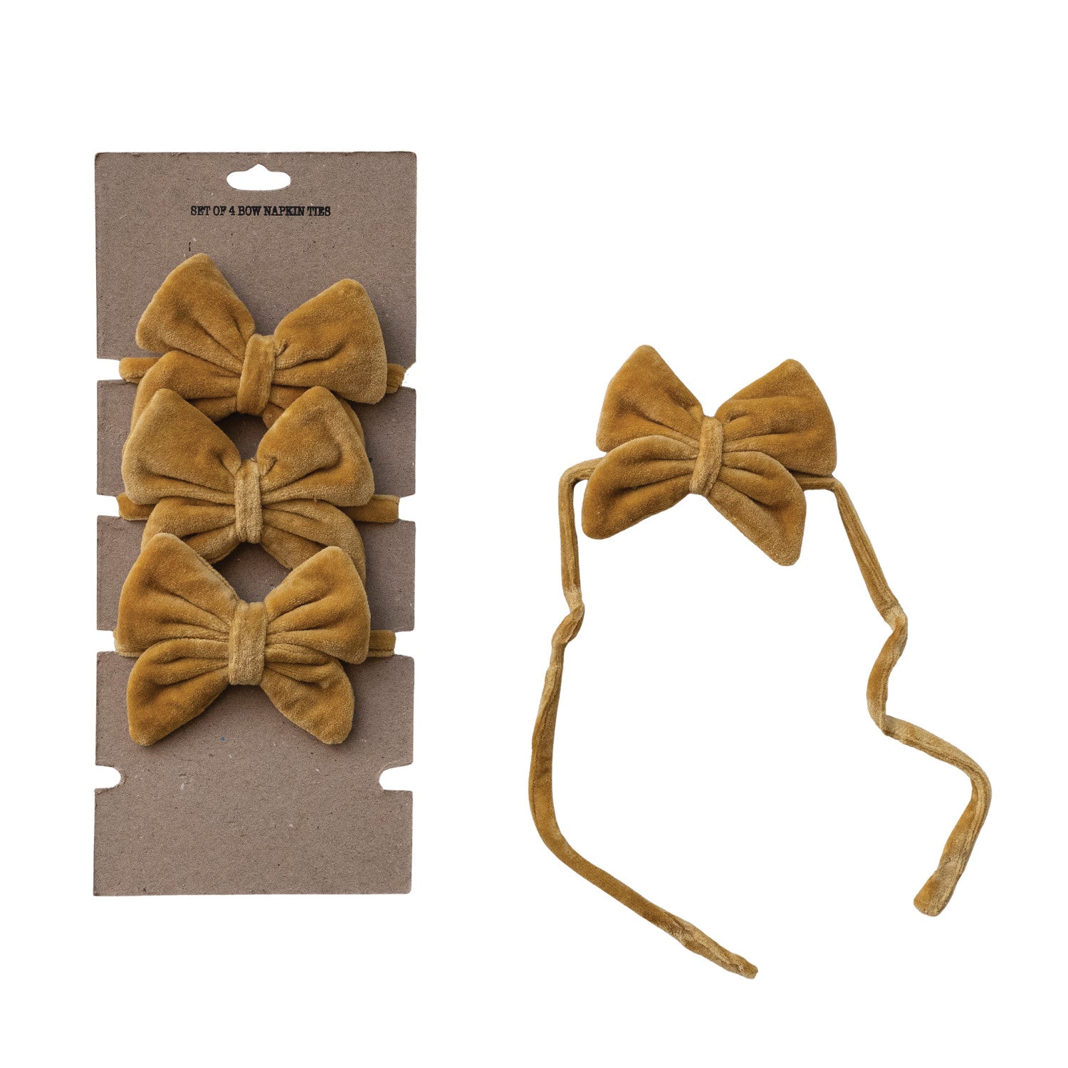 Mustard Velvet Bow Napkin Ties - Set of 4. Elevate your gatherings with the cozy elegance of our Mustard Velvet Bow Napkin Ties. Crafted from soft cotton velvet in a rich, inviting mustard hue, this set of four pre-tied bows effortlessly adds a warm, welcoming touch to your table setting. Perfect for sharing special meals with loved ones, these charming ties bring a beautifully finished look to any seasonal table.