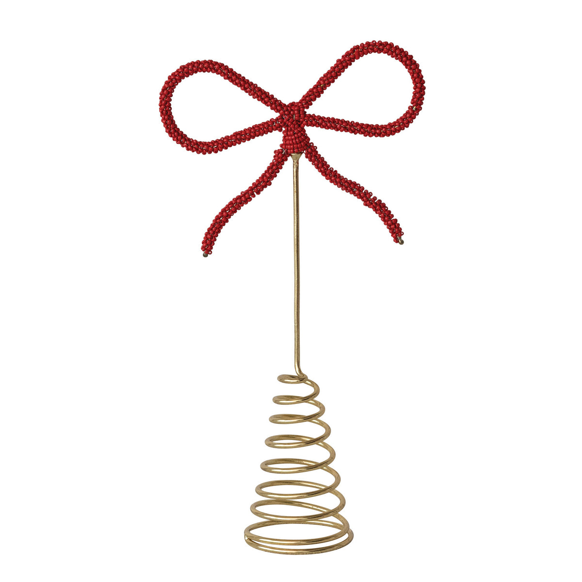 Red Beaded Bow Tree Topper. Add a dazzling touch of holiday magic to your home with our Red Beaded Bow Tree Topper. Intricately handcrafted with gleaming metal and vibrant red glass beads, this exquisite bow brings warmth, elegant shine, and festive joy to the top of your Christmas tree.