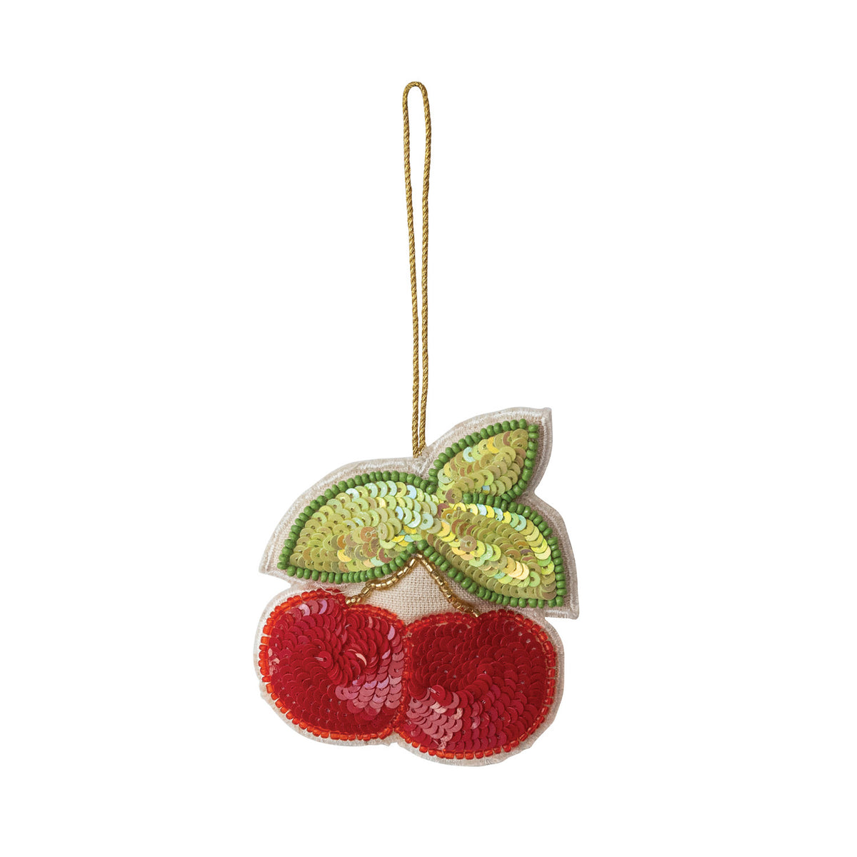 Sequined Cherries Ornament. Add a sweet, sparkling touch to your holiday decor with our Sequined Cherries Ornament. Handcrafted from soft cotton and detailed with shimmering sequins, glass beads, and a radiant gold finish, this charming piece brings festive cheer and whimsical beauty to any tree.