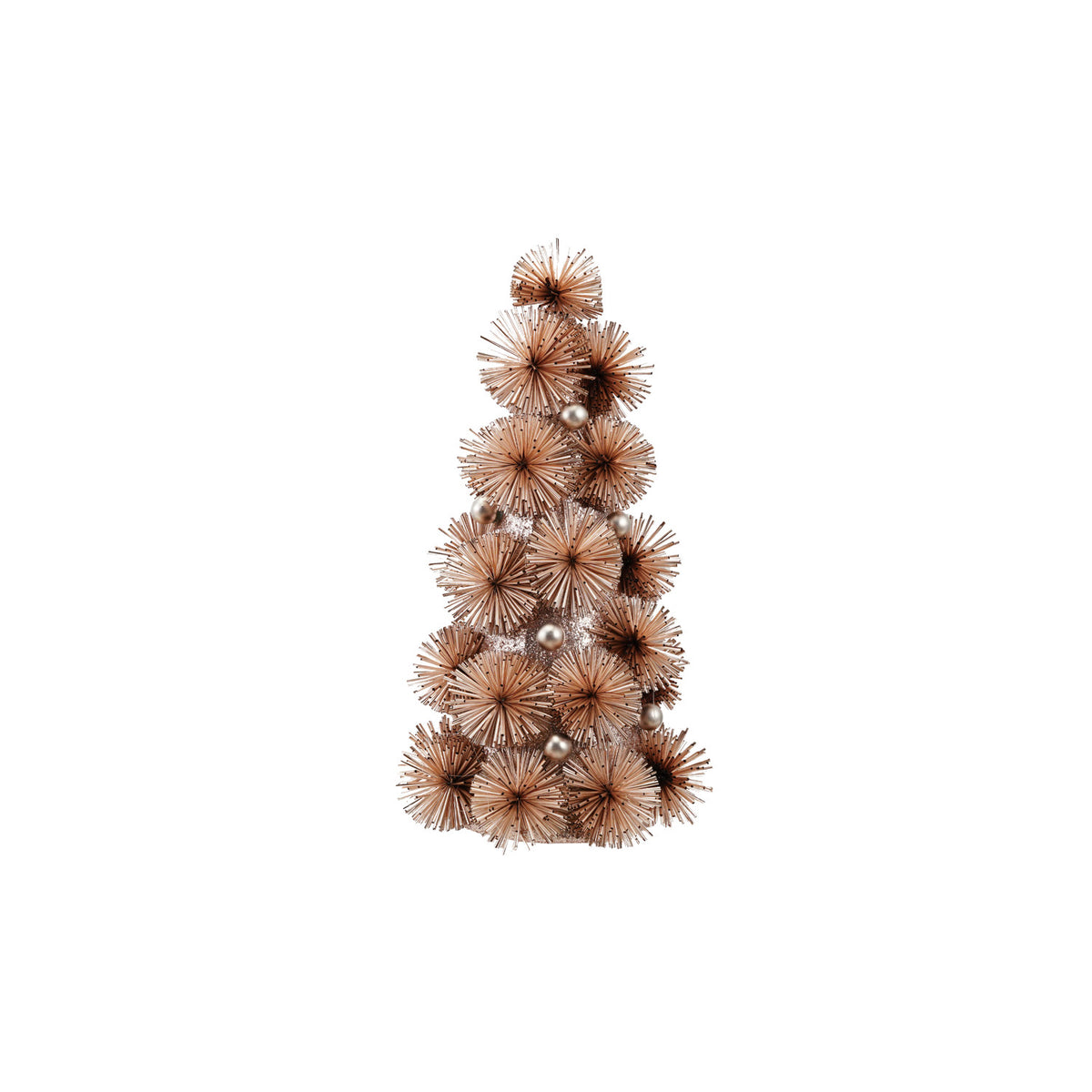 Blush Tinsel Ball Tree - Small. Add a touch of sparkling cheer to your holiday home with our Small Blush Tinsel Ball Tree. Delicately crafted with shimmering blush tinsel, glinting glitter, and silver-colored beads, this charming tabletop accent brings a gentle, joyful glow to any mantel, desk, or festive centerpiece.