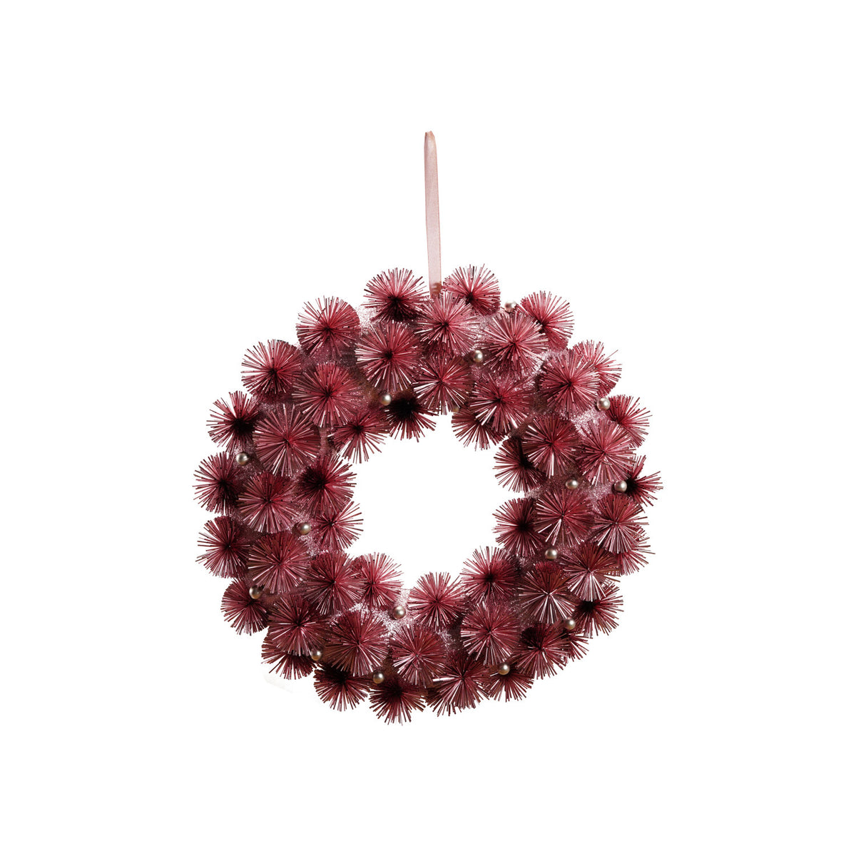 Pink Tinsel Ball Wreath. Brighten your home with the joyful shimmer of our Pink Tinsel Ball Wreath. Adorned with playful glittered tinsel balls and elegant silver-colored beads, this charming wreath adds a warm, celebratory splash of pink to any door or wall.