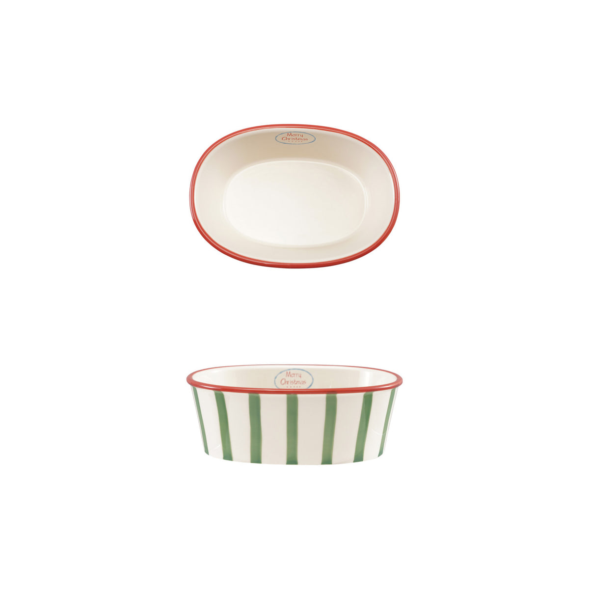 Merry & Striped Stoneware Baker. Bring festive cheer and cozy warmth to your holiday table with our Merry & Striped Stoneware Baker. Generously sized at 2 quarts, this charming oval baking dish features classic festive stripes and a sweet "Merry Christmas" detail, making it the perfect piece for sharing comforting, home-cooked meals with the ones you love most.