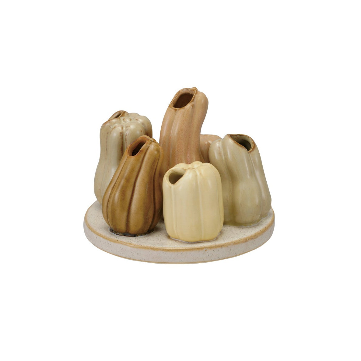 Stoneware Pumpkin Patch Multi Vase. Bring the cozy charm of a pumpkin patch into your home with this beautiful stoneware multi vase. Expertly crafted from durable stoneware, it features an artistic cluster of six softly ribbed, gourd- and pumpkin-shaped vases resting elegantly on a shared base. Each piece is finished with a stunning reactive glaze that highlights naturally varied, warm neutral tones, ensuring that your vase is truly unique. Perfect as a seasonal centerpiece or a year-round accent, this char