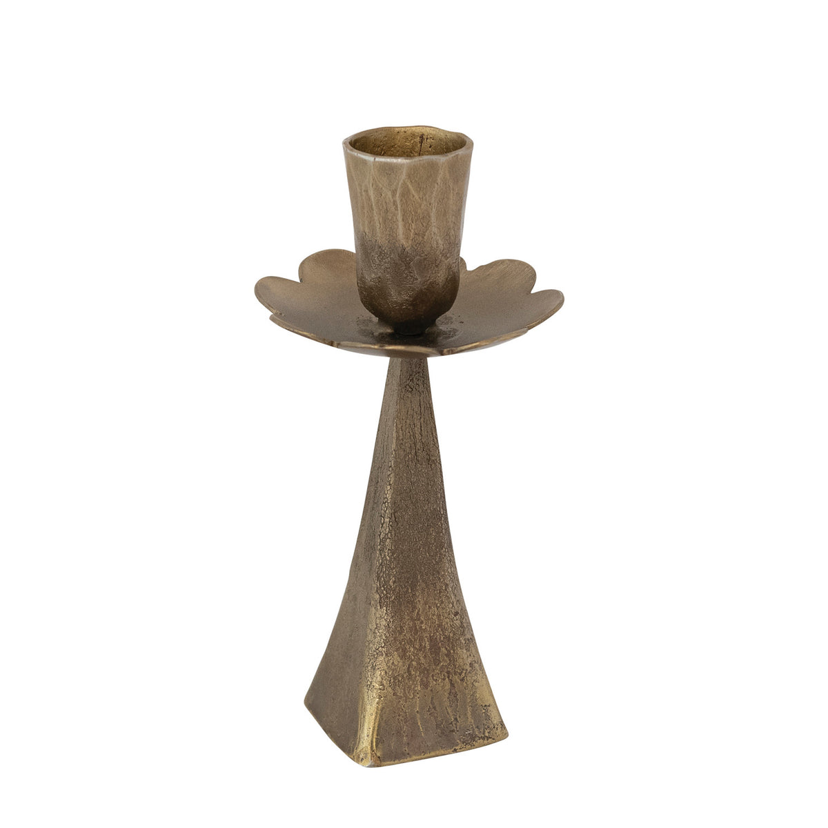 Single Bloom Taper Candle Holder. Illuminate your space with the soft, inviting glow of our Single Bloom Taper Candle Holder. Hand-forged with an elegant antique brass finish, this charming flower-shaped holder brings handcrafted warmth, beauty, and timeless grace to any cozy corner or table setting.