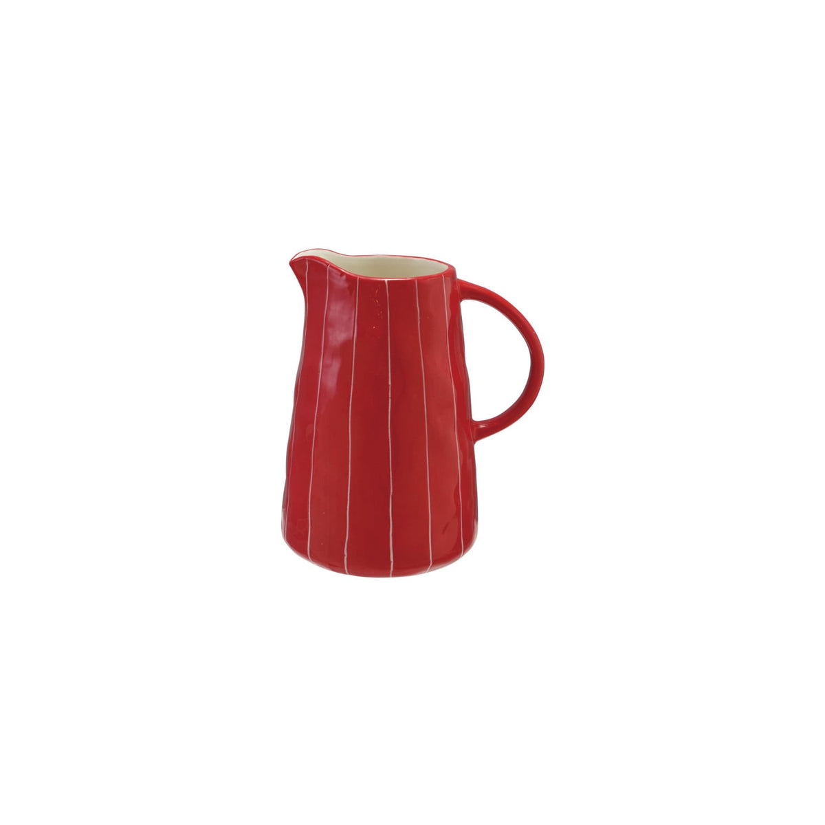 Hand-Painted Stoneware Striped Organic Shaped Pitcher. Bring warmth and festive cheer to your home gatherings with this hand-painted stoneware pitcher. Featuring a delightful red and white striped design and a charming organic shape, it is perfect for serving your favorite seasonal drinks or displaying fresh blooms with love.
