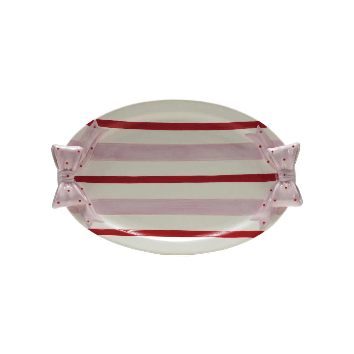 Pink Bow Striped Stoneware Platter. Bring a touch of playful charm and heartfelt hospitality to your table with our Pink Bow Striped Stoneware Platter. Beautifully hand-painted with classic stripes and finished with delightful polka-dot bow handles, this serving piece makes every gathering feel a little extra special. Perfect for sharing treats with those you love most.
