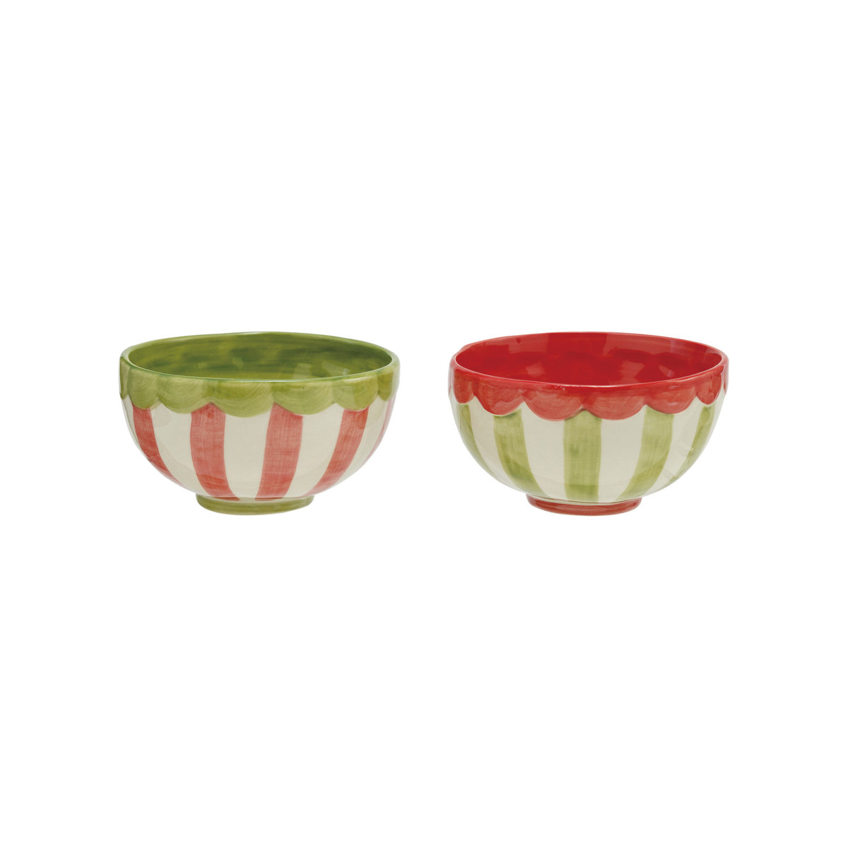 Merry Scalloped Stoneware Bowl - 2 Colors. Bring warmth and cozy charm to your dining space with the Merry Scalloped Stoneware Bowl. Featuring hand-painted stripes and a lovely scalloped rim, this beautiful piece is designed to bring joy to every meal and make your home feel extra festive and welcoming.