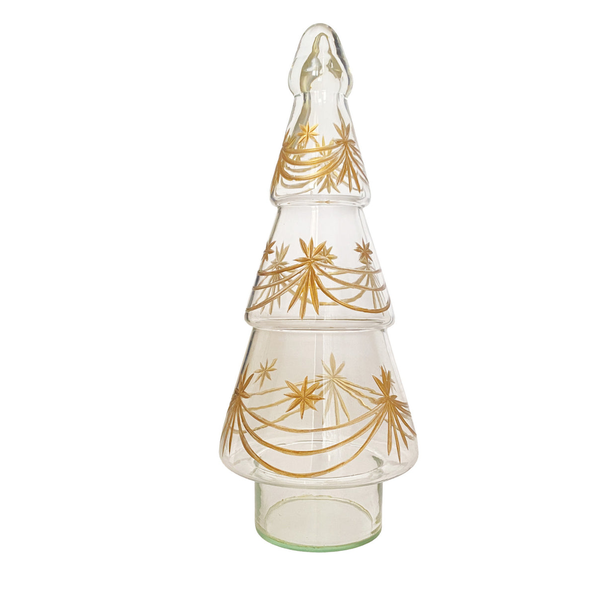 Gold Etched Glass Tiered Tree. Bring an elegant, warm glow to your holiday home with our Gold Etched Glass Tiered Tree. Crafted with delicate hand-blown etched glass and a radiant gold finish, this charming piece adds a cozy, festive sophistication to any space and creates a welcoming atmosphere for your loved ones.
