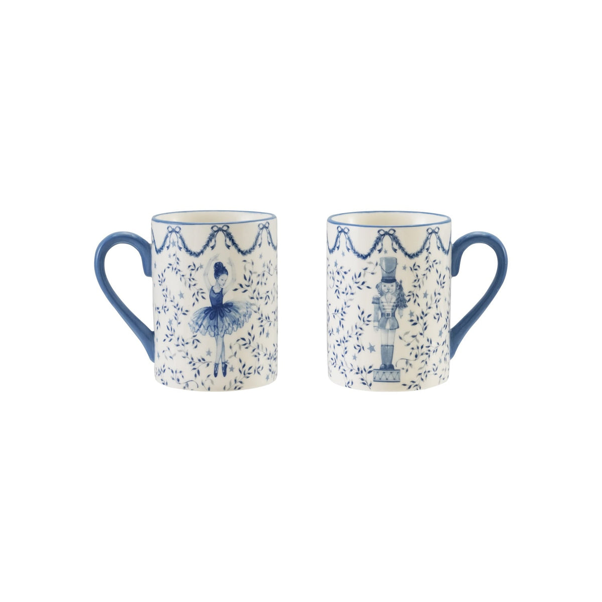 Blue & White Nutcracker Ceramic Mug. Sip your favorite cozy seasonal drinks with our Blue & White Nutcracker Ceramic Mug. Featuring classic holiday illustrations of a ballerina and nutcracker, this sweet mug brings warmth, charm, and festive cheer to every morning routine.