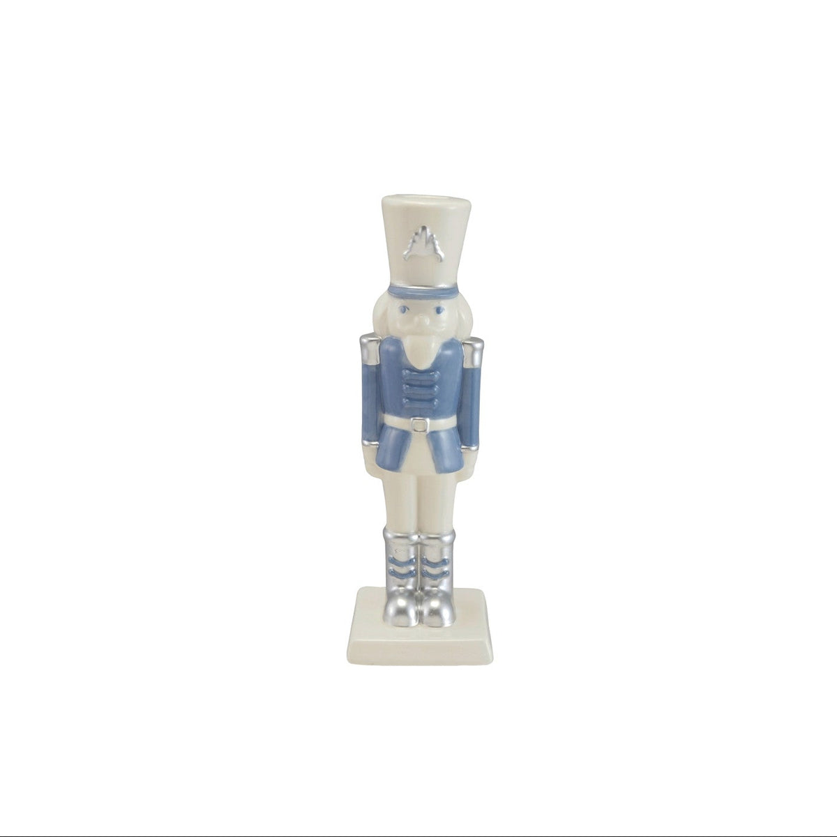 Blue & White Ceramic Nutcracker Taper Holder. Add a touch of timeless elegance and holiday cheer to your home with our Blue & White Ceramic Nutcracker Taper Holder. Beautifully detailed with subtle silver electroplating, this charming piece brings warmth, sophistication, and festive joy to any table or mantel setting.