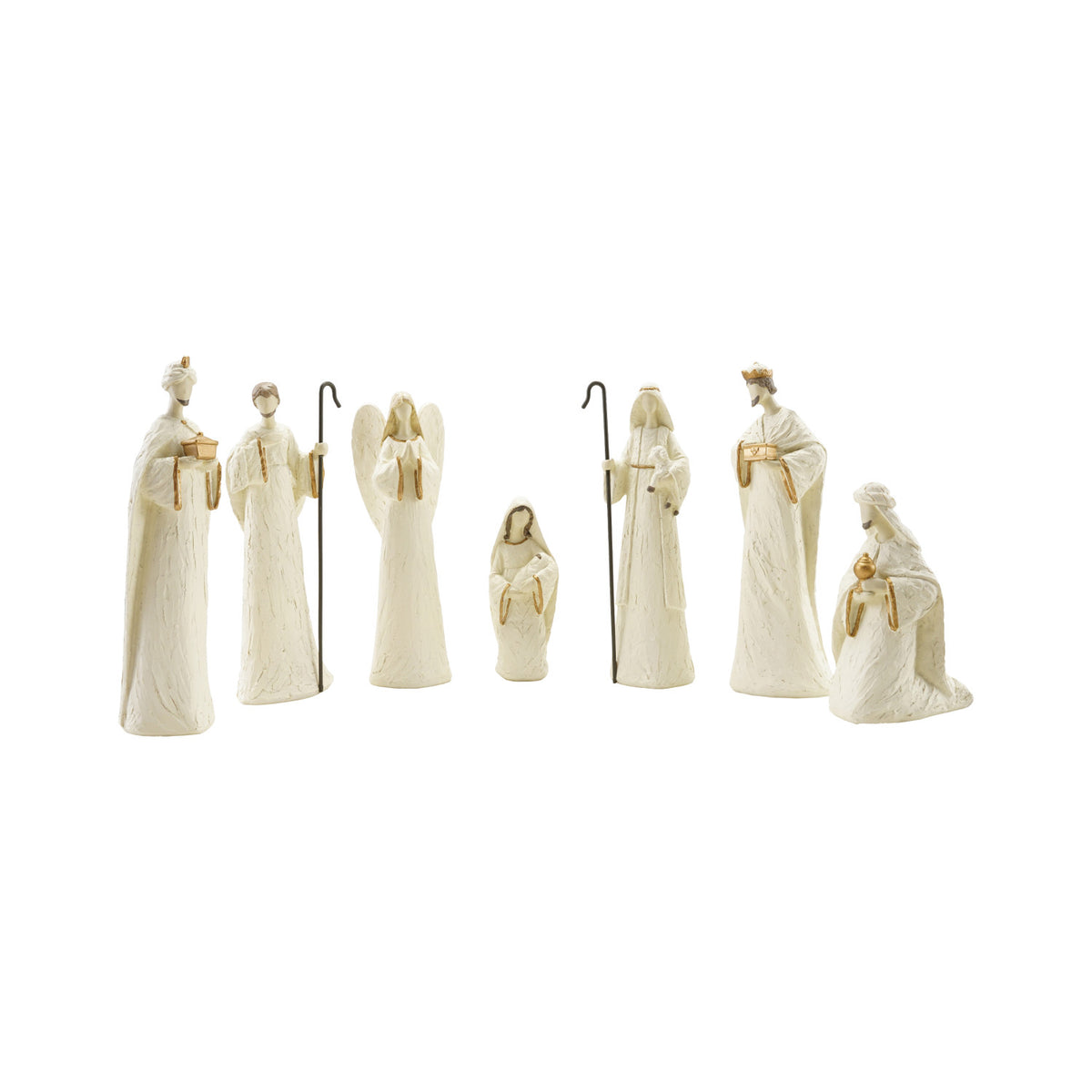 Ivory & Gold Nativity Set. Bring peace, warmth, and timeless beauty into your home with our Ivory & Gold Nativity Set. Crafted with gentle details and elegant brown and gold finishes, this 7-piece set serves as a beautiful centerpiece that fills your space with hope and holiday cheer.