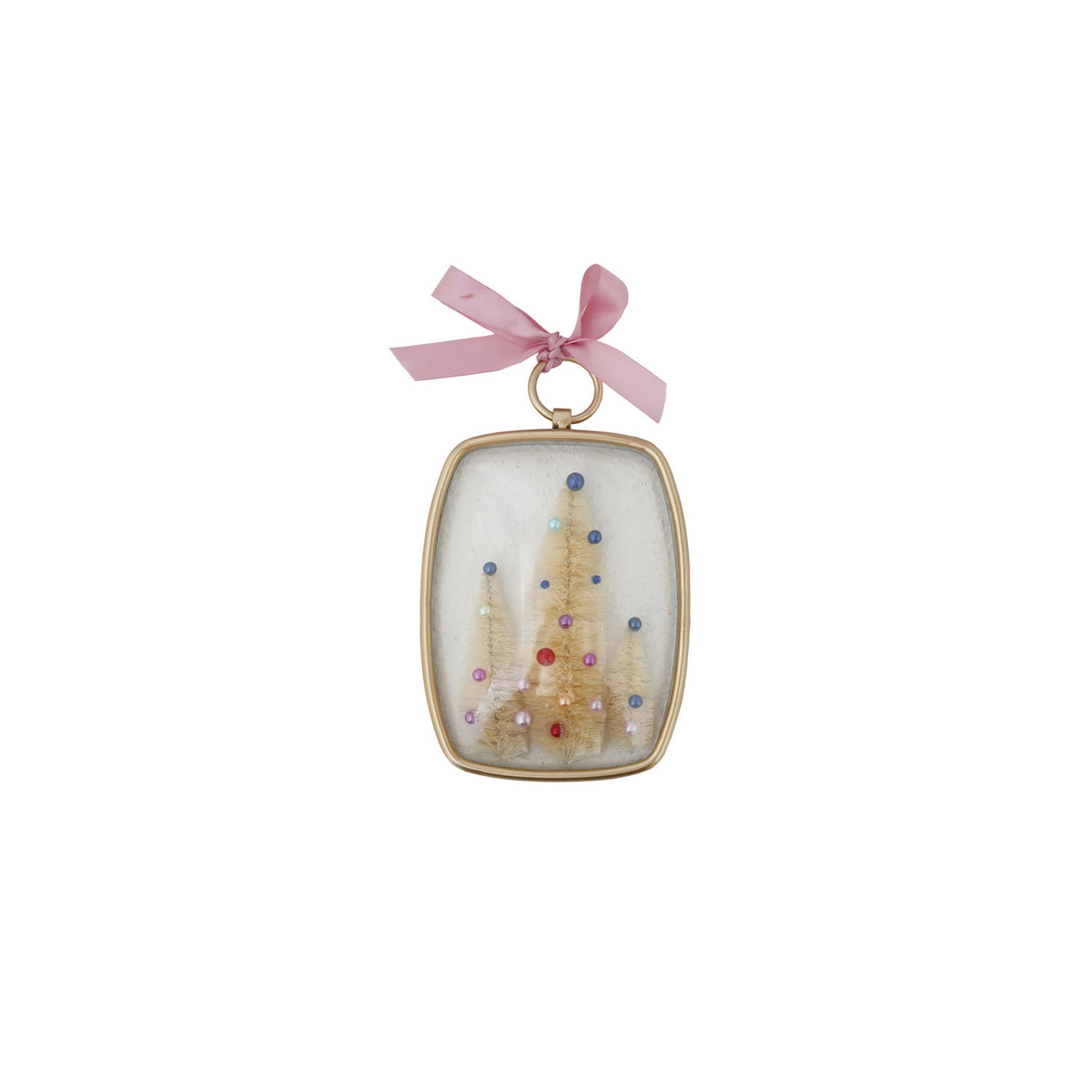 Jeweled Bottle Brush Tree Ornament. Add a sprinkle of festive magic to your holiday decor with our Jeweled Bottle Brush Tree Ornament. Crafted with charming bottle brush trees, sparkling bead accents, and a lovely bow set inside a clear convex frame, this piece brings heartwarming cheer and nostalgic warmth to your Christmas tree.