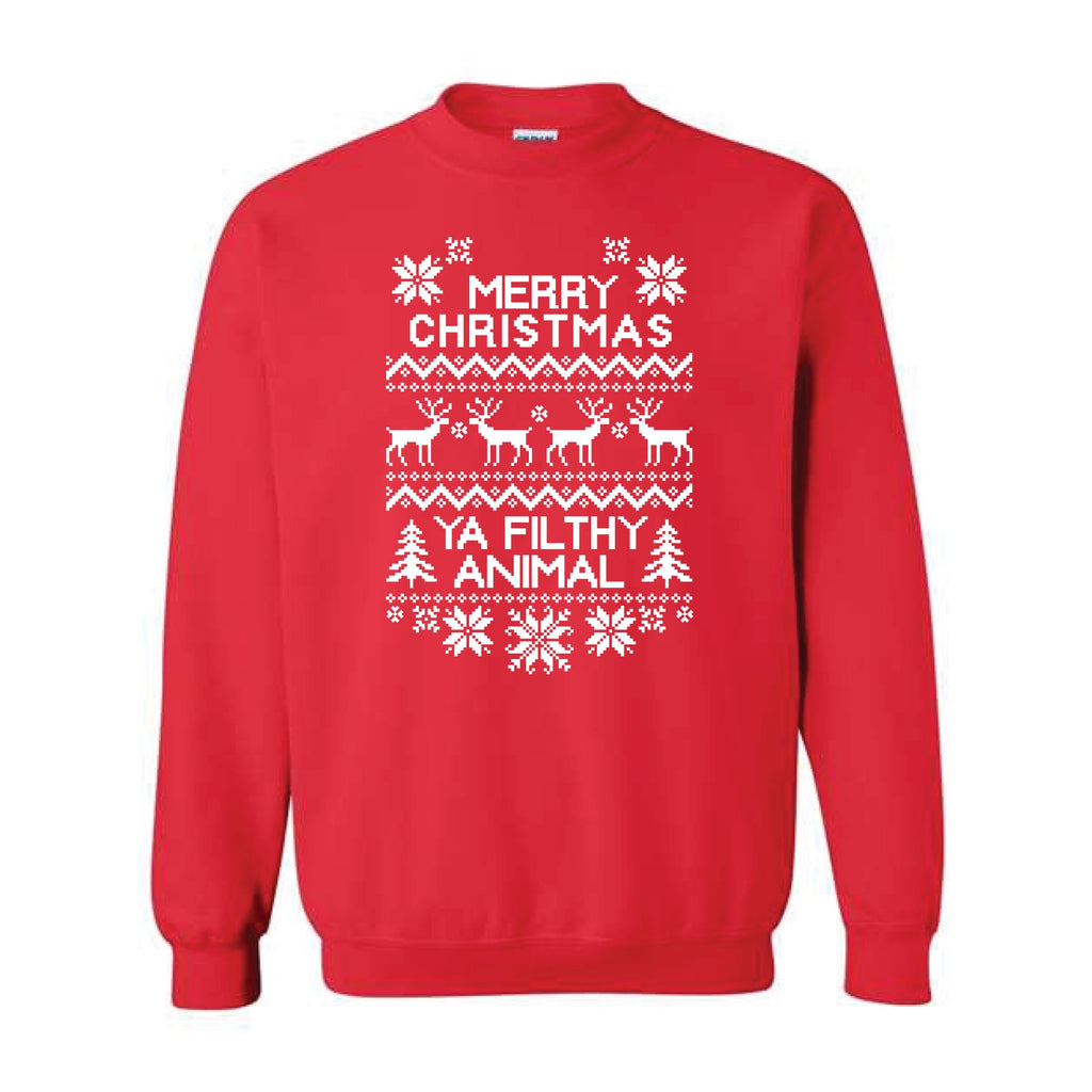 Red Sweatshirt with White Lettering saying  Merry Christmas You Filthy Animal - Crewneck Sweatshirt.     Fabric  50/50 cotton/polyester.   Classic fit  Double-needle stitching at shoulders, armholes, neck, waistband and cuffs  1x1 rib with spandex for enhanced stretch and recovery