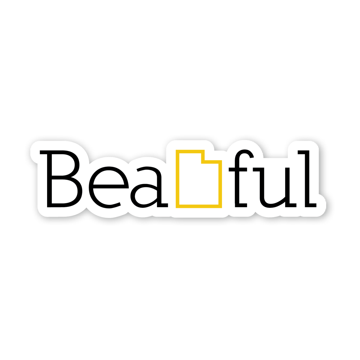 A sticker with the word 'BeaUTAHful' designed in a white font with a yellow outline and a mountain range silhouette in Utah, in a digital graphic style.